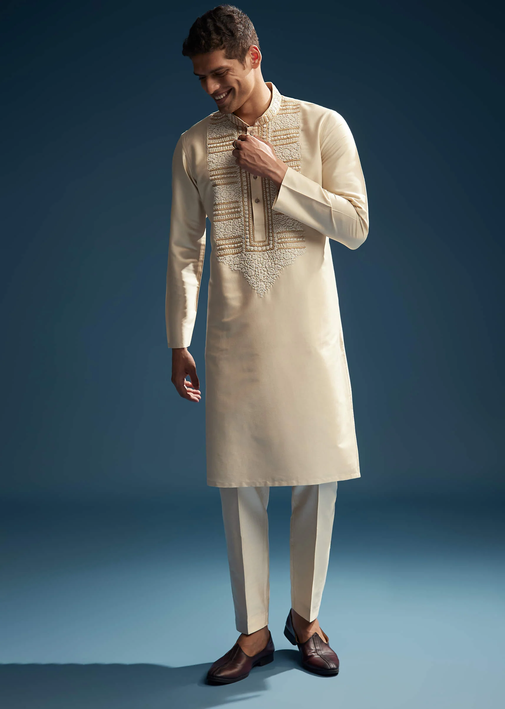 Beige Silk Kurta Set For Men With Kashmiri Hand Work - Image 4