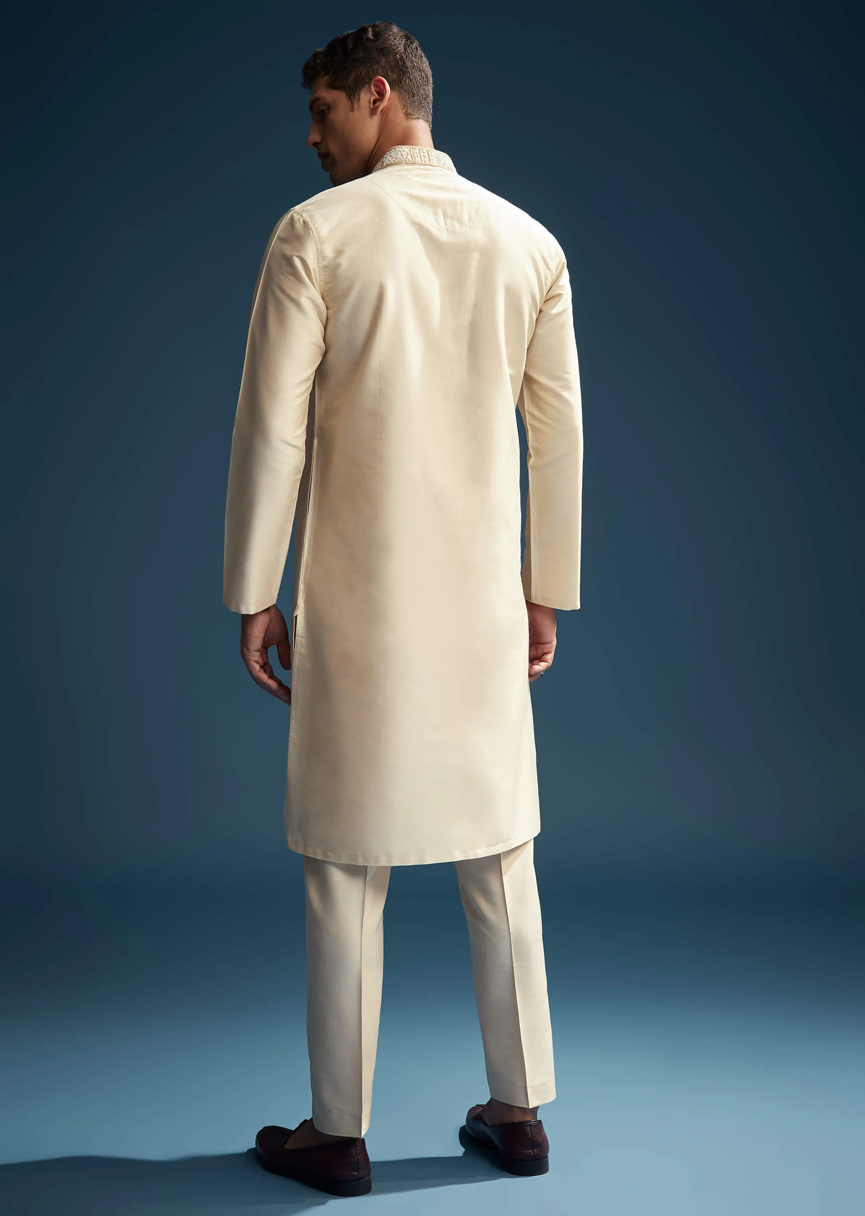 Beige Silk Kurta Set For Men With Kashmiri Hand Work - Image 5
