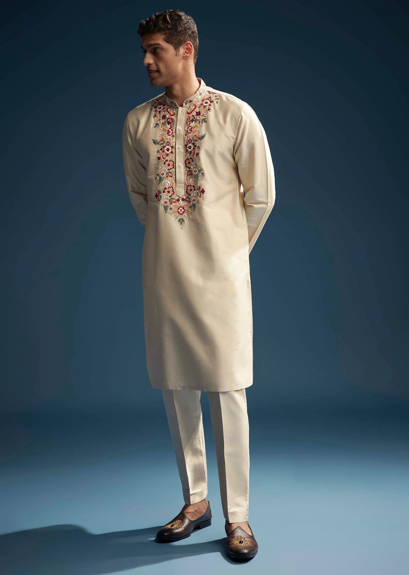 Beige Silk Kurta Set For Men With Resham Aari Embroidery - Image 4