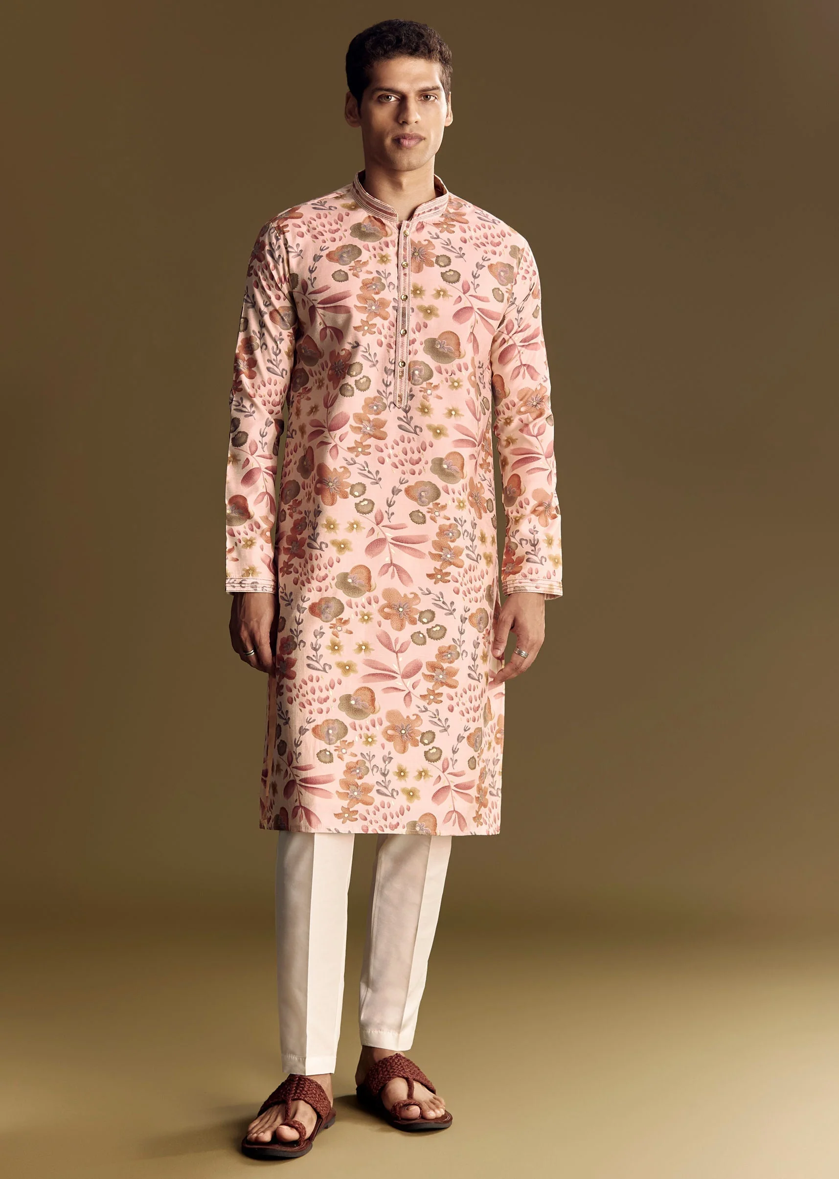 Beige Silk Kurta Set With Floral Foil Accents And Stone Detailing - Image 2