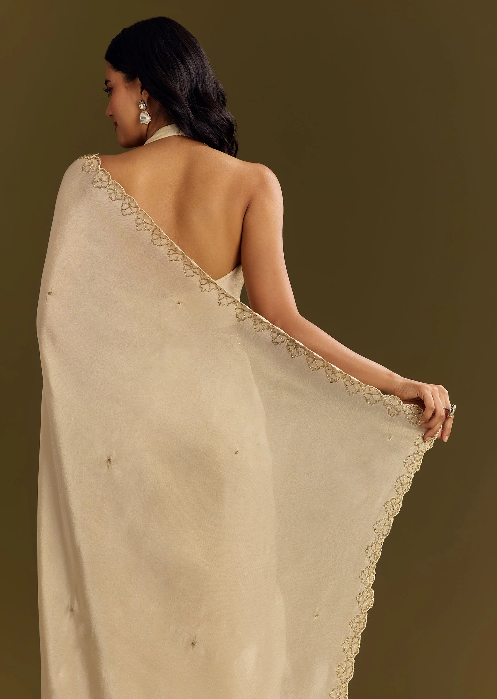 Beige Tissue Saree With Cutdana And Beads Scallop Border - Image 6