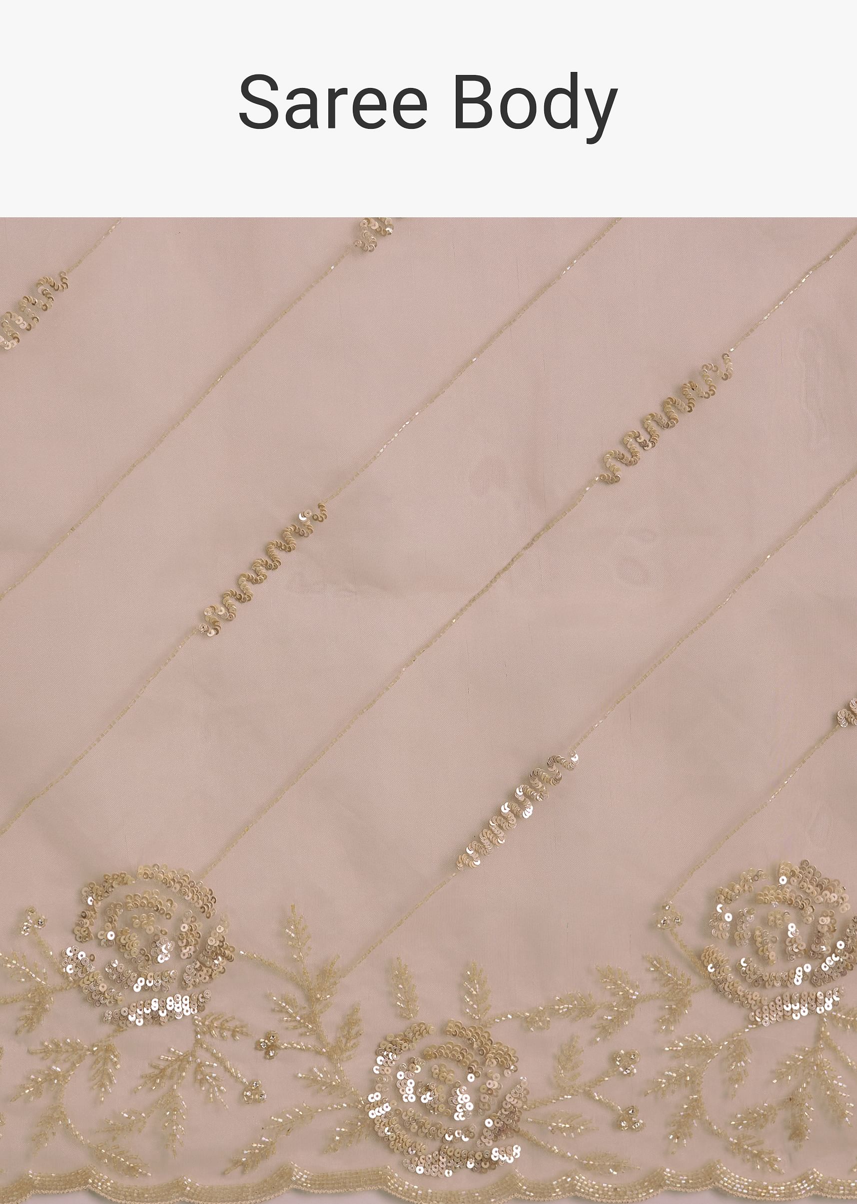 Beige Tissue Saree With Floral Embroidery And Scallop Border - Image 9