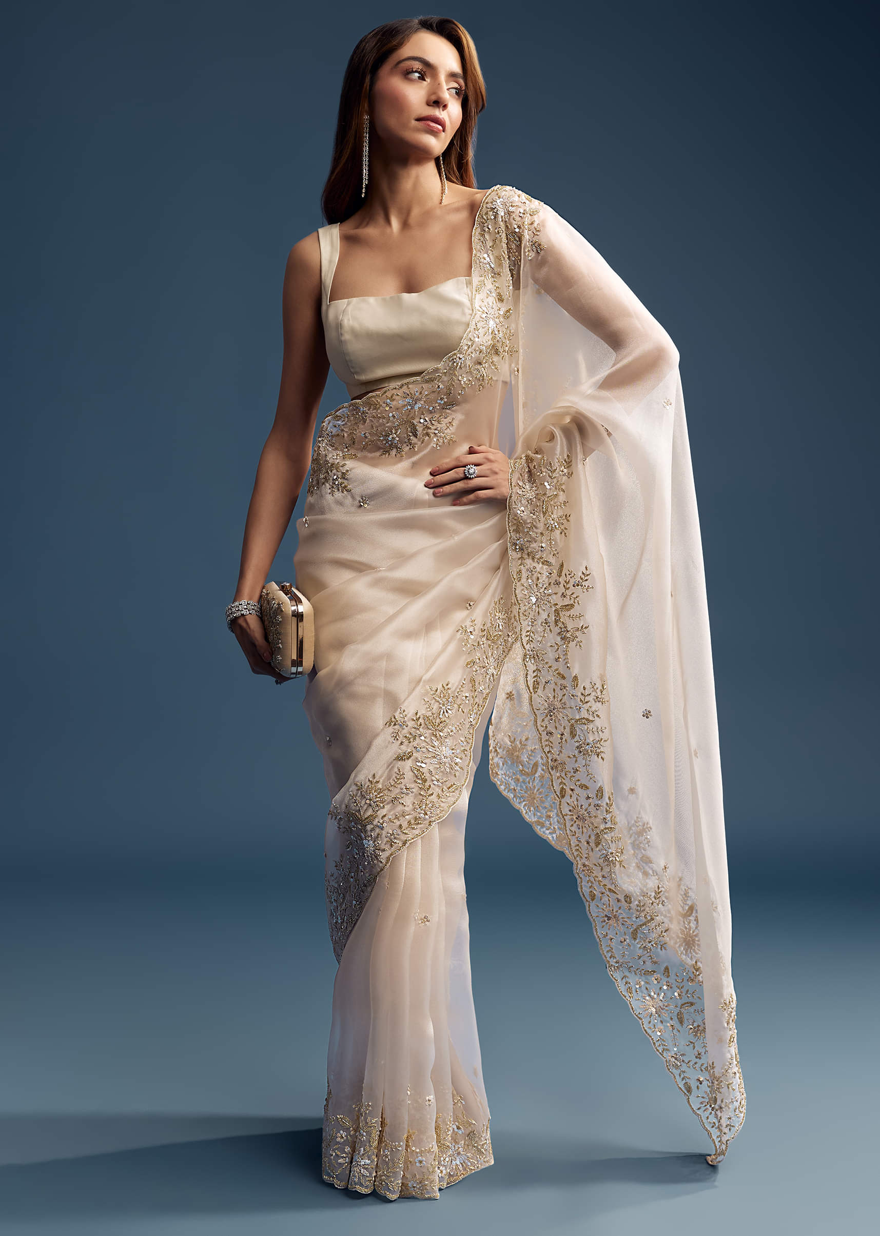 Beige Tissue Saree With Golden Floral Embroidery - Image 9