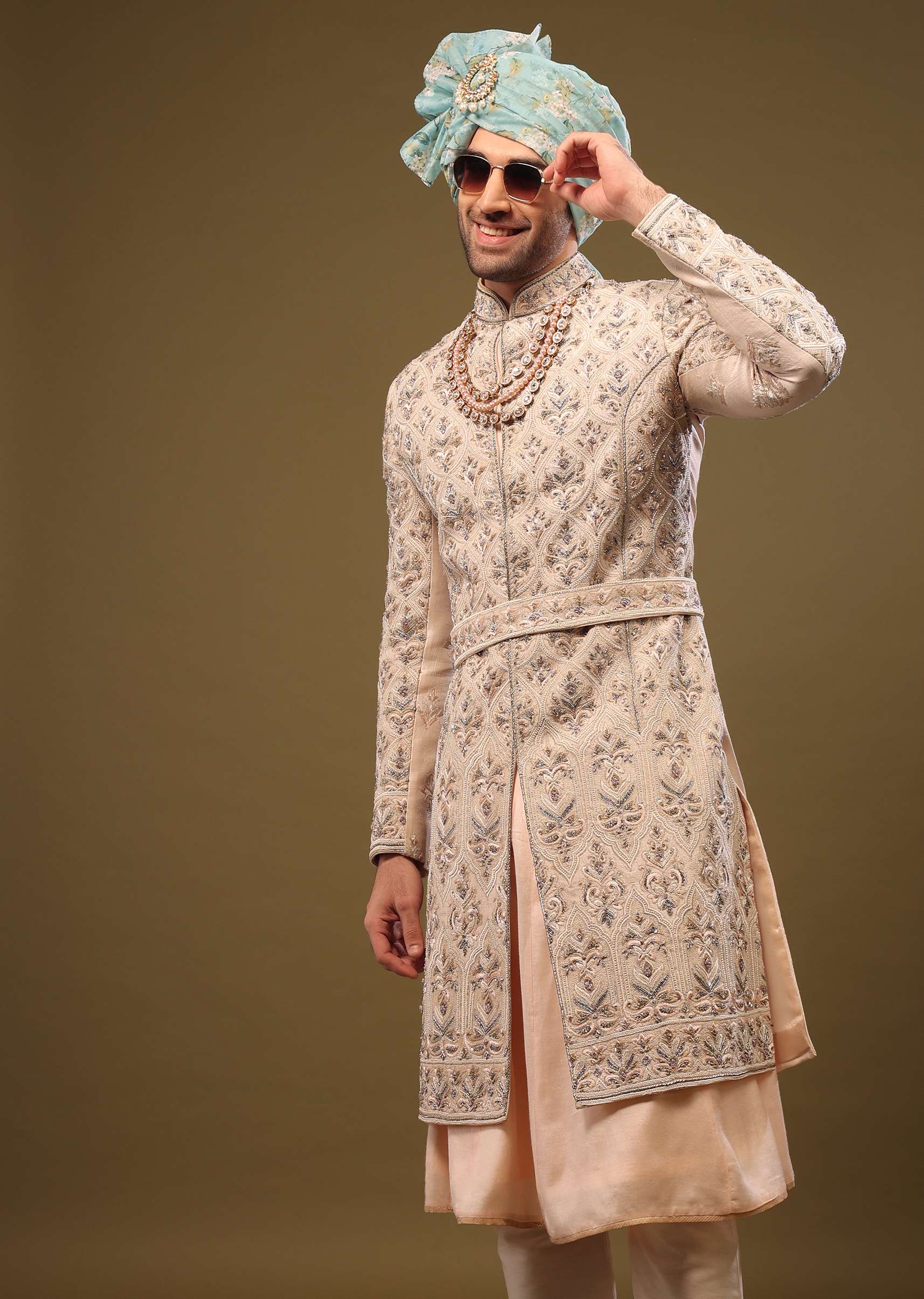 Champagne Brown Embroidered Silk Sherwani Set - Image 4