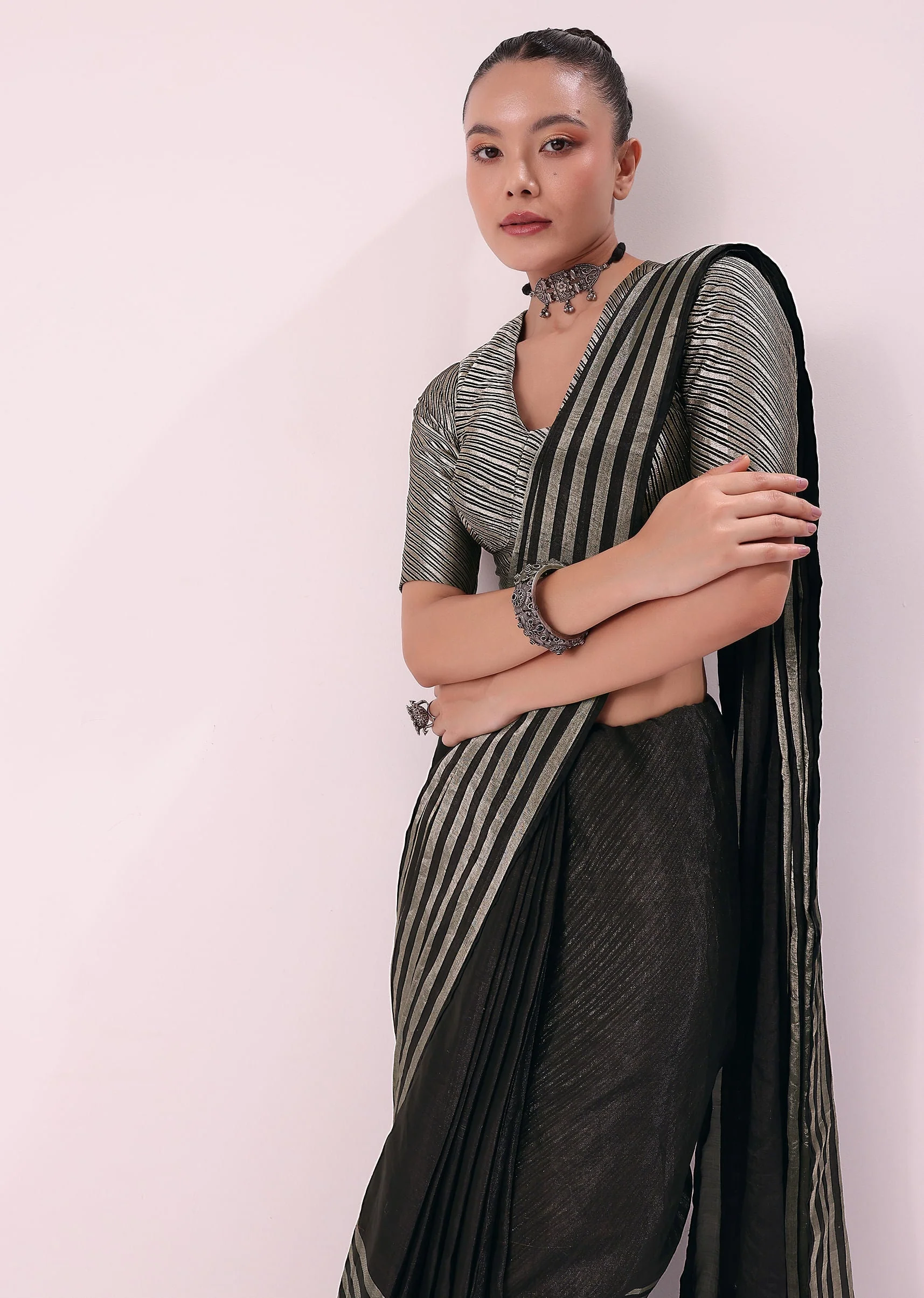 Black And Silver Half Striped Chanderi Saree And Stitched Blouse - Image 2