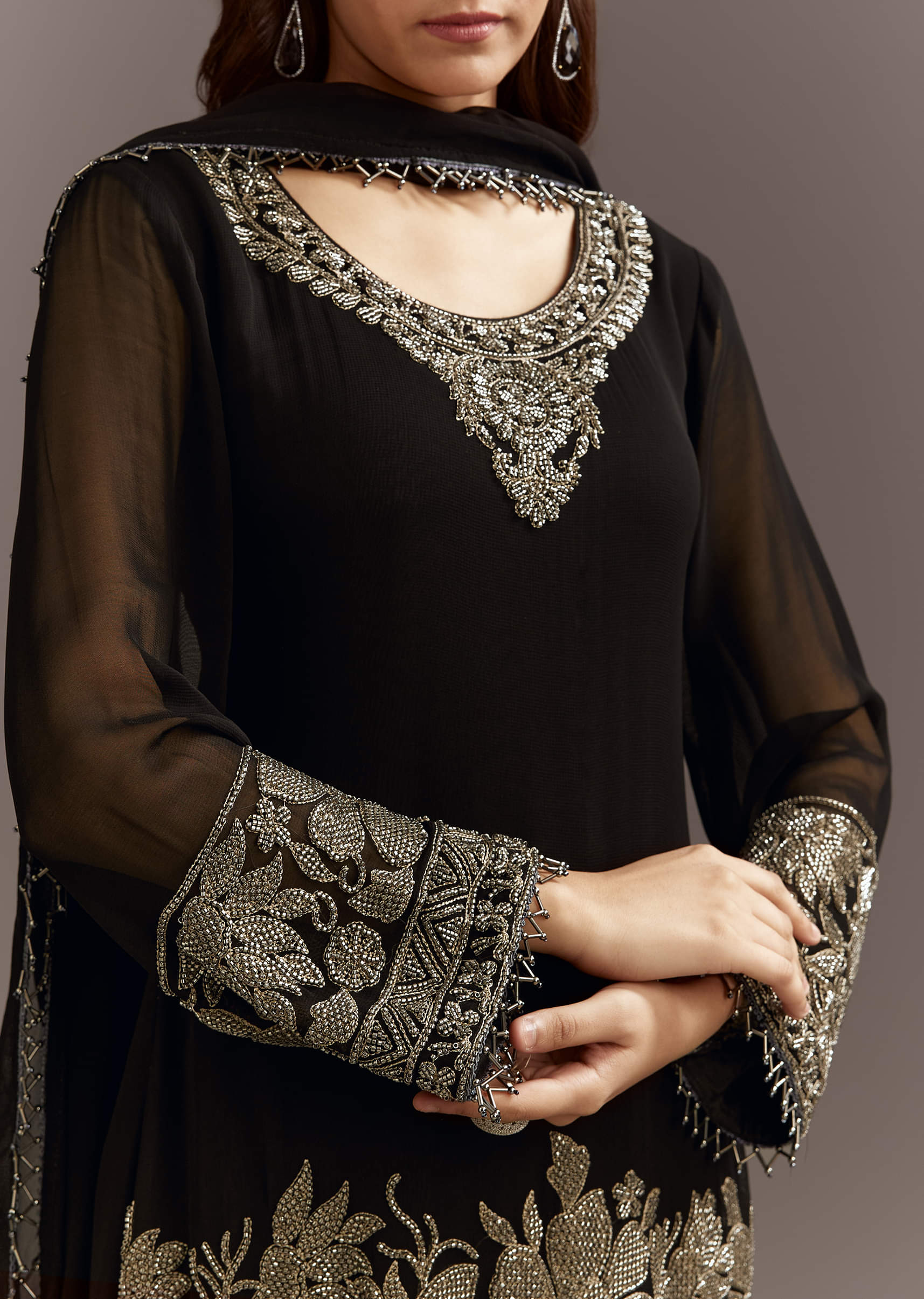 Black Beads Work Kurta Dupatta Set With Fully Beaded Pant - Image 3