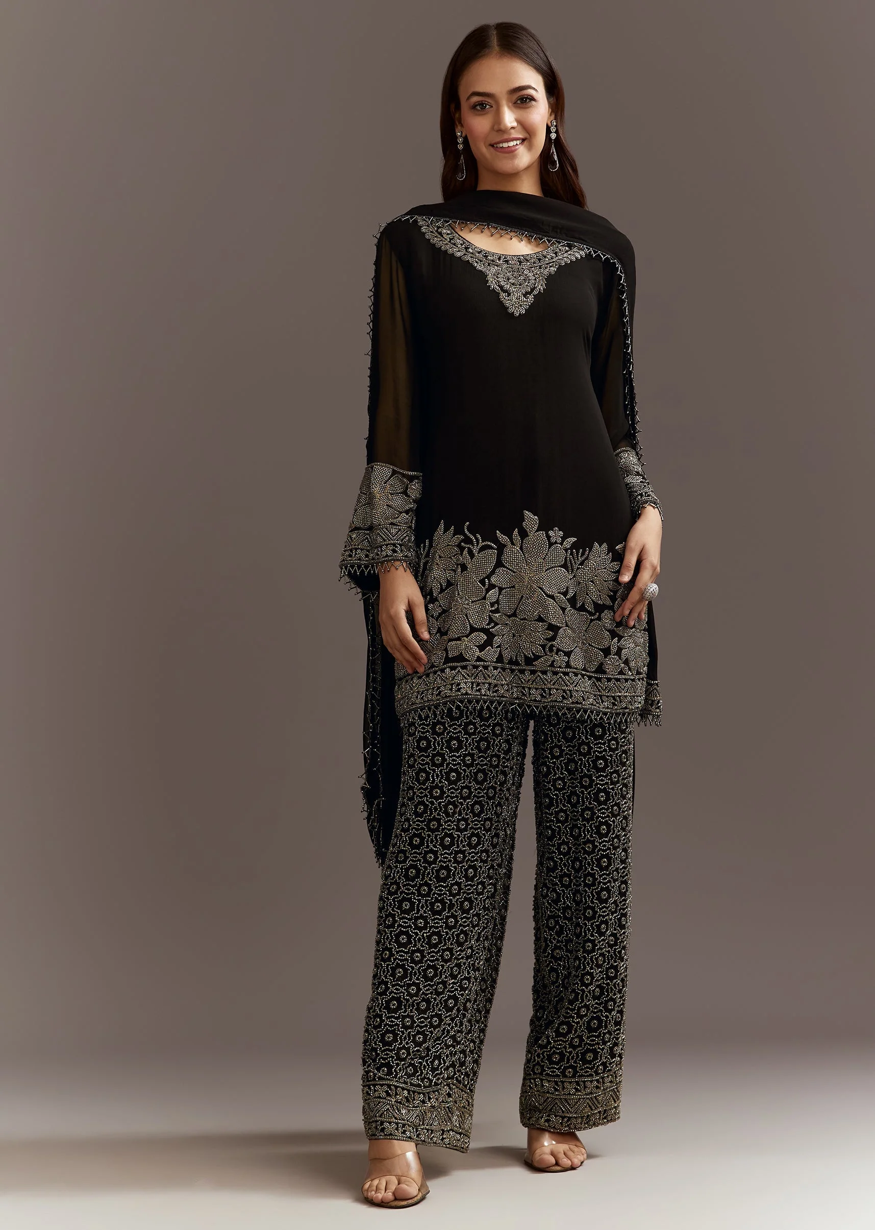 Black Beads Work Kurta Dupatta Set With Fully Beaded Pant - Image 4