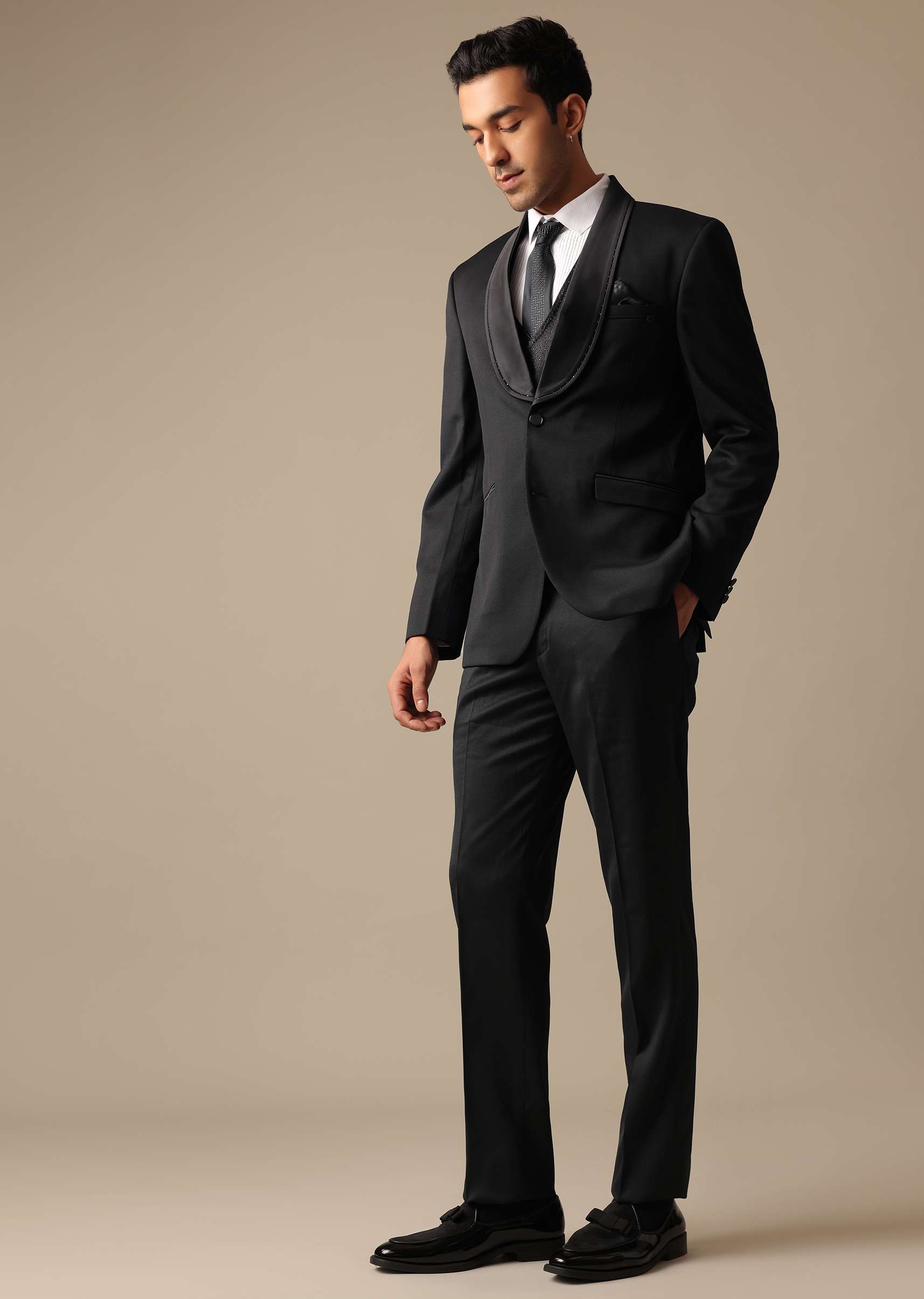 Black Blazer And Pant Set Tuxedo In Terry Rayon - Image 11
