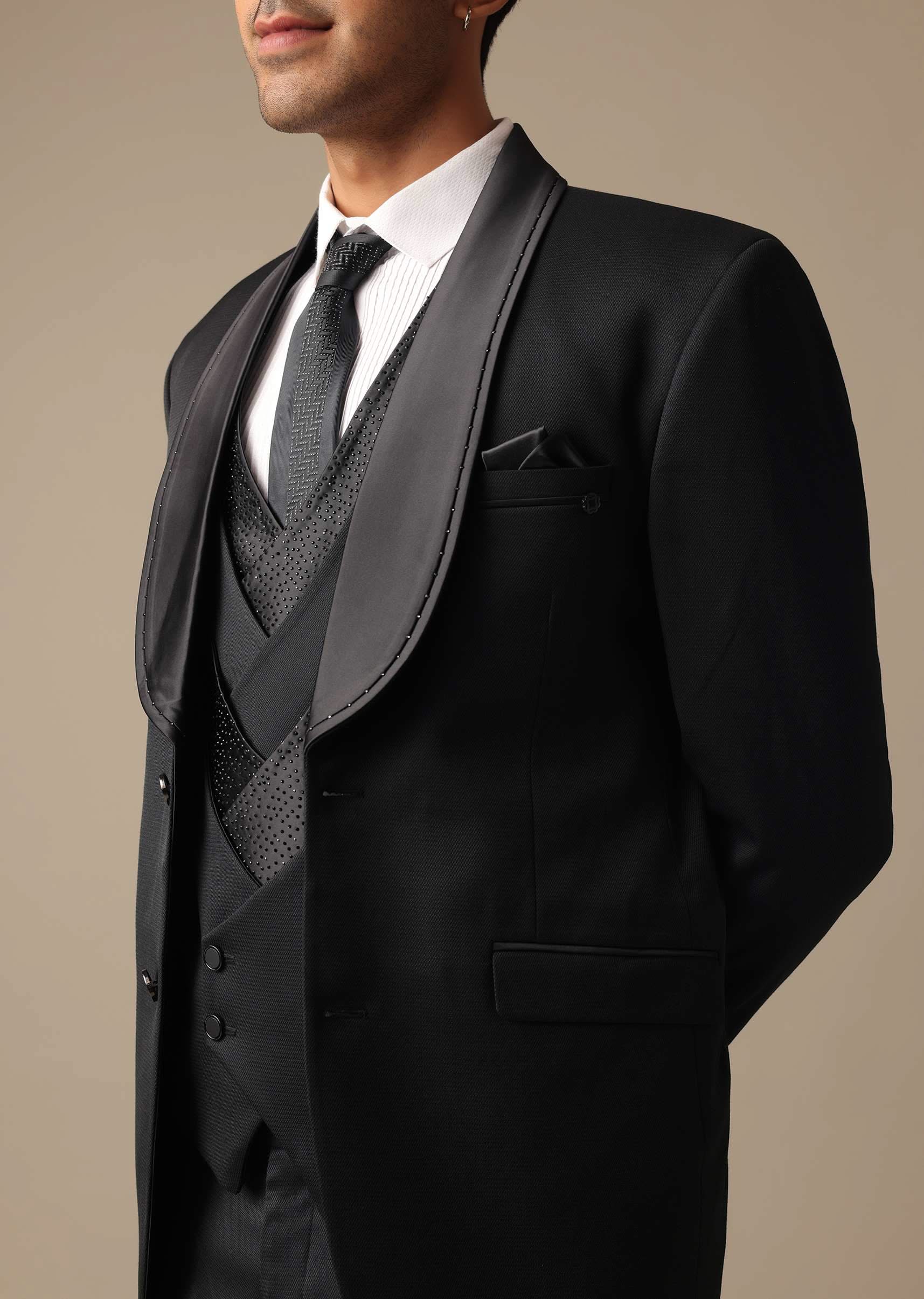 Black Blazer And Pant Set Tuxedo In Terry Rayon - Image 3