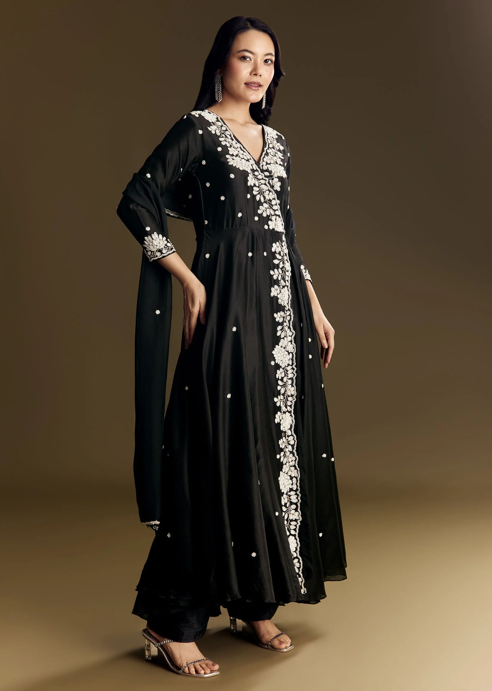 Black Chanderi Anarkali Suit With Moti And Sequins Work - Image 3