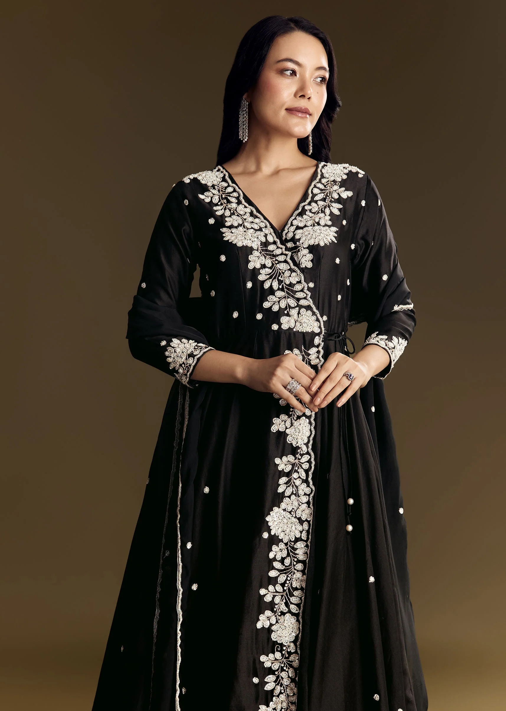 Black Chanderi Anarkali Suit With Moti And Sequins Work - Image 4