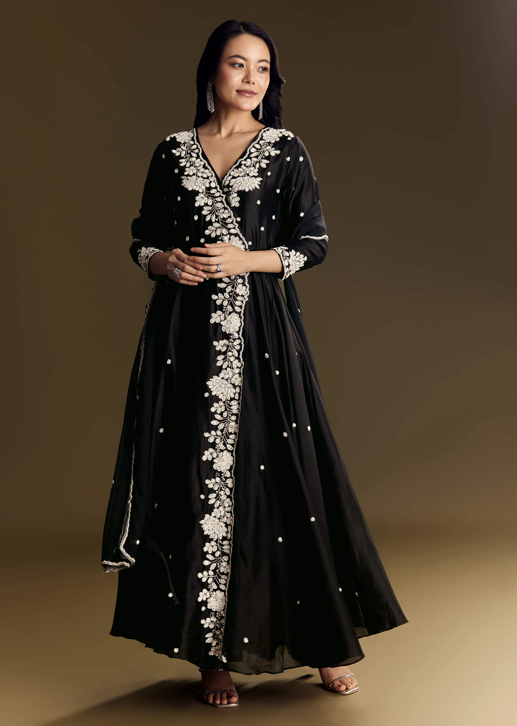 Black Chanderi Anarkali Suit With Moti And Sequins Work - Image 7