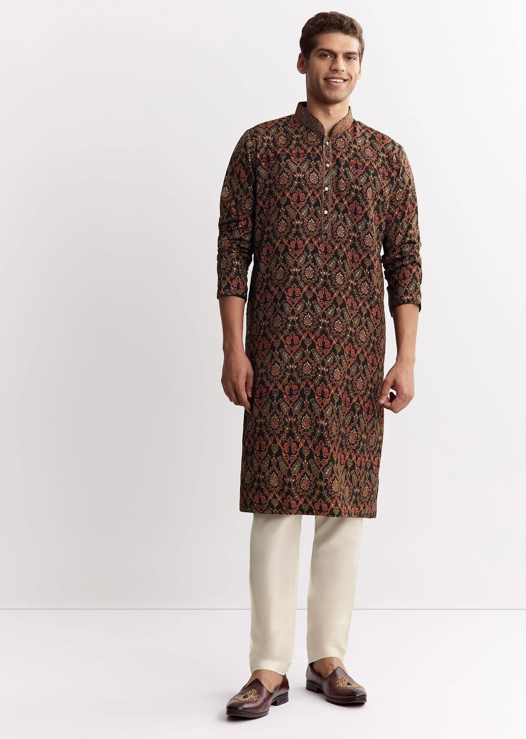 Black Chanderi Printed Kurta Set With Mandarin Collar - Image 2