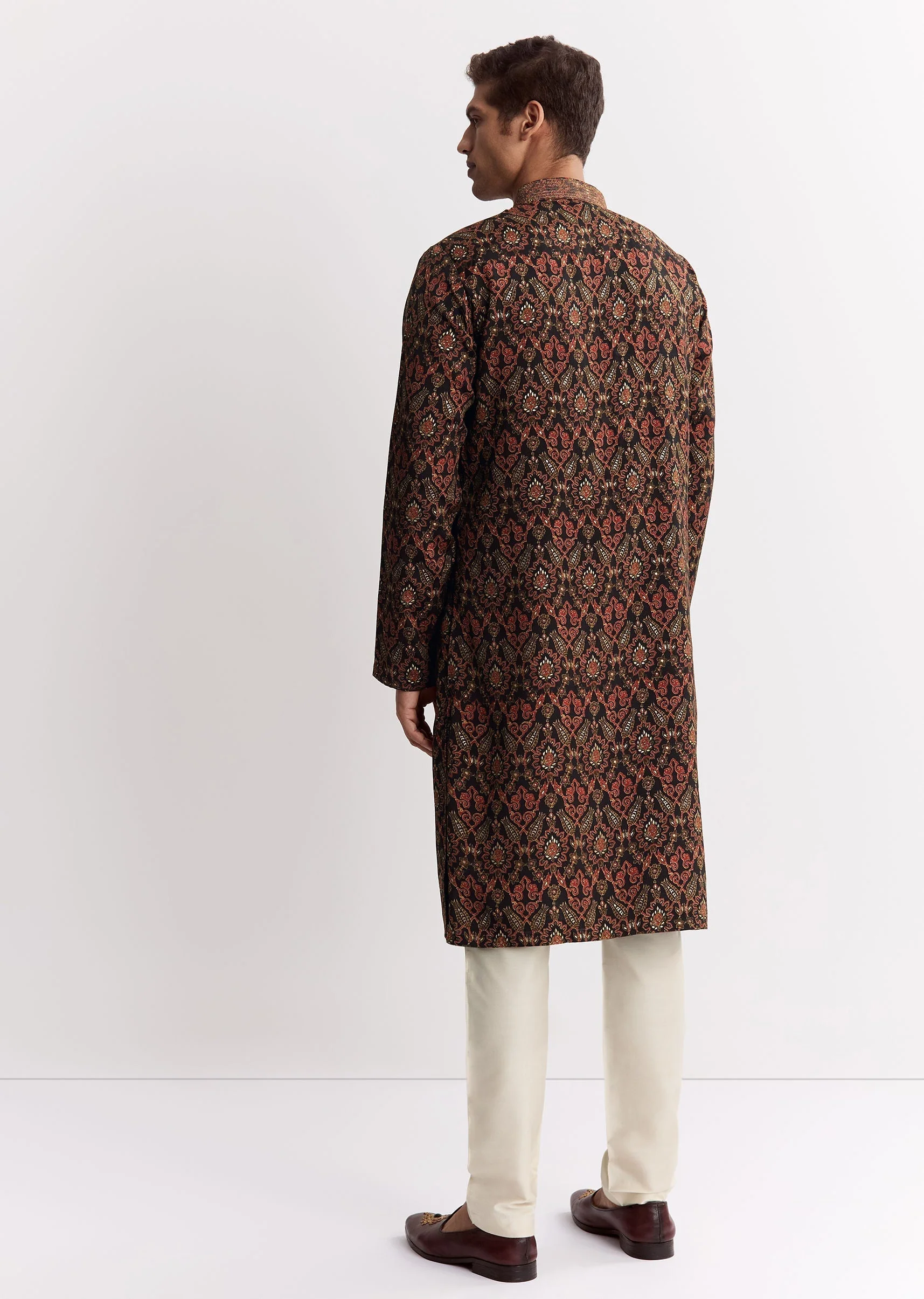 Black Chanderi Printed Kurta Set With Mandarin Collar - Image 5
