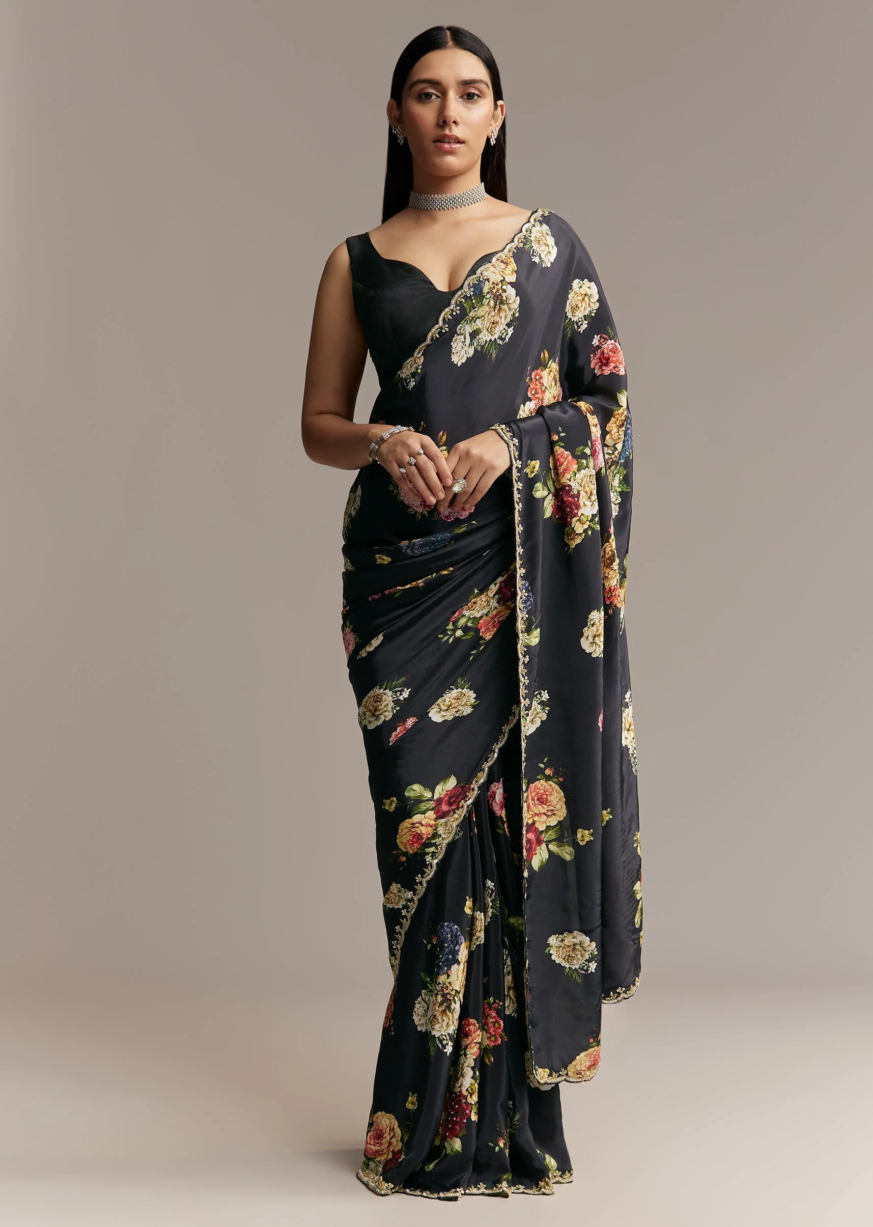 Black Crepe Saree With Floral Digital Print And Embroidered Border - Image 3