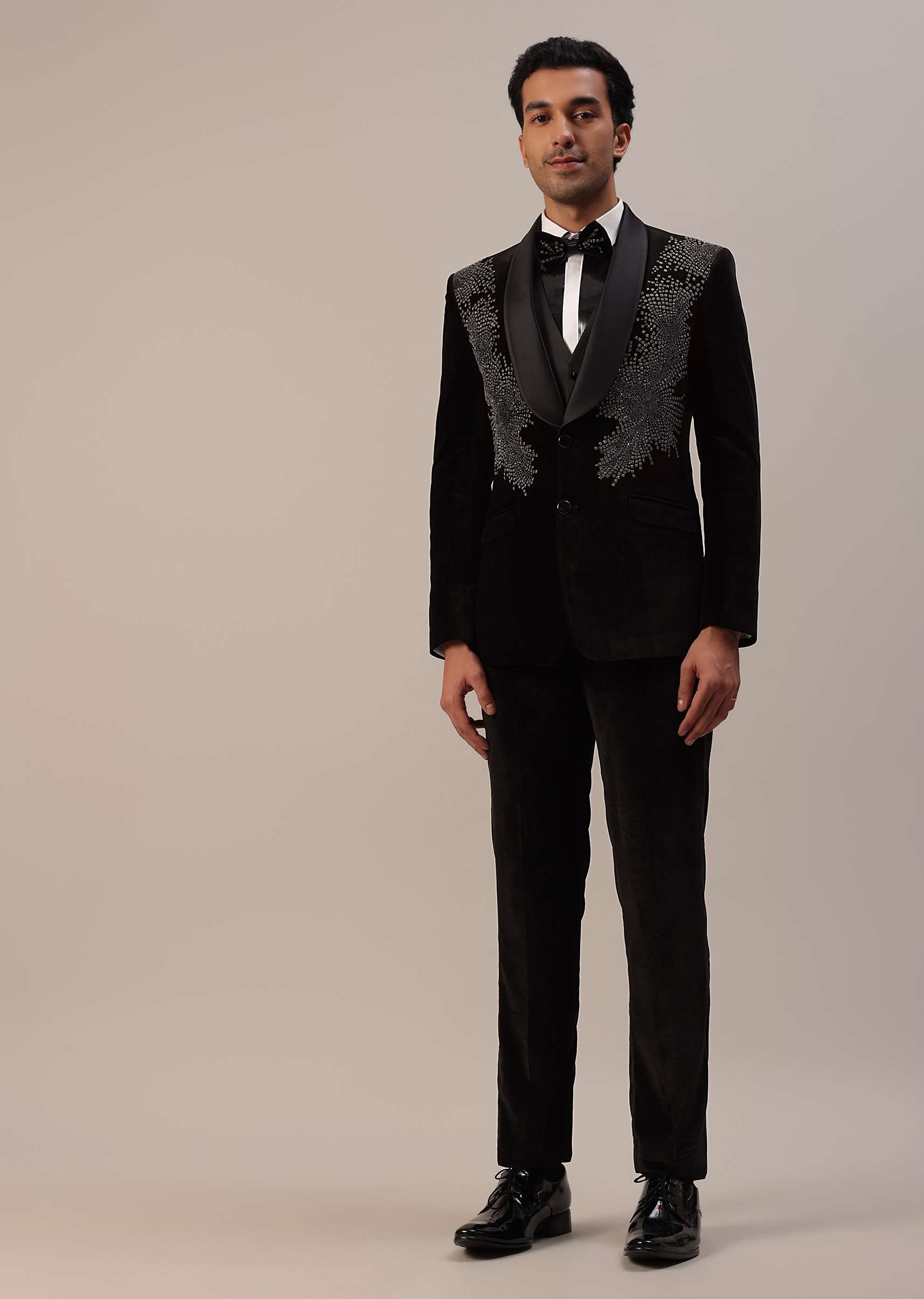 Black Crystal Handwork Tuxedo Set In Velvet - Image 3