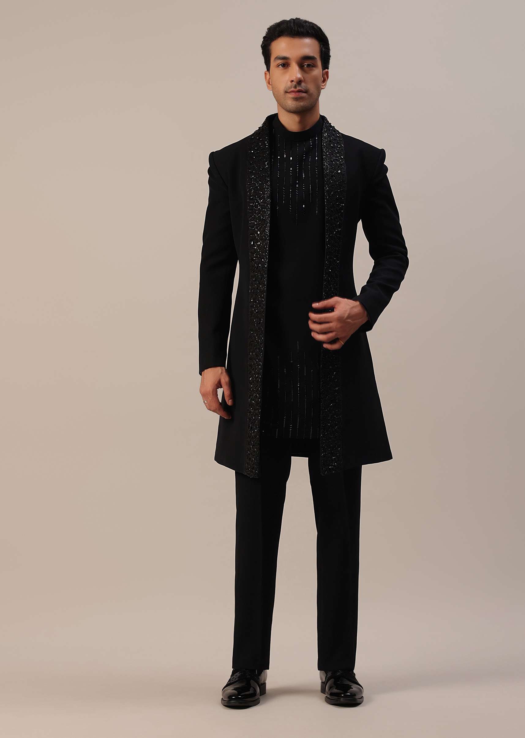 Black Cut Dana And Sequins Embroidered Indowestern In Suiting Fabric - Image 3