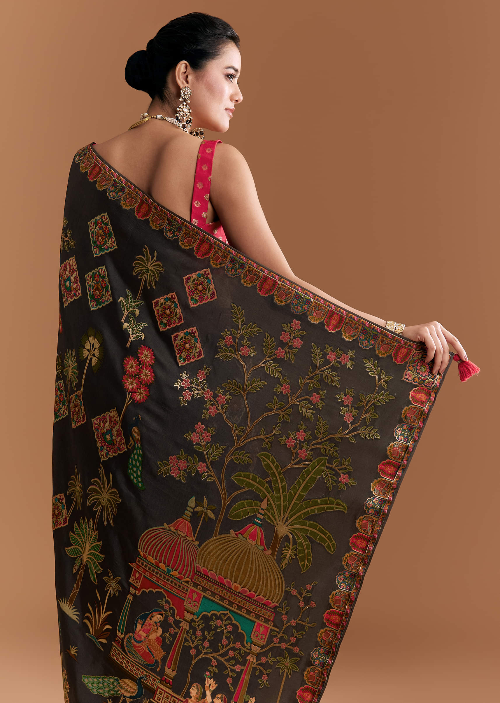 Black Dola Silk Saree With Madhubani Weave And Embroidery - Image 6