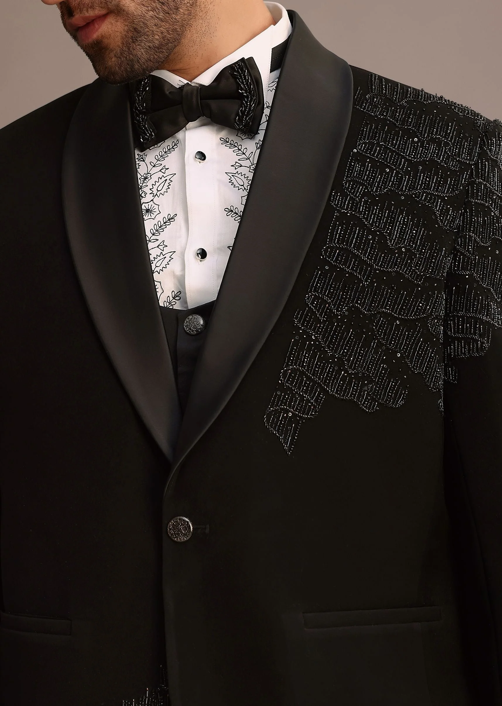 Black Embellished Tuxedo Suit - Image 3