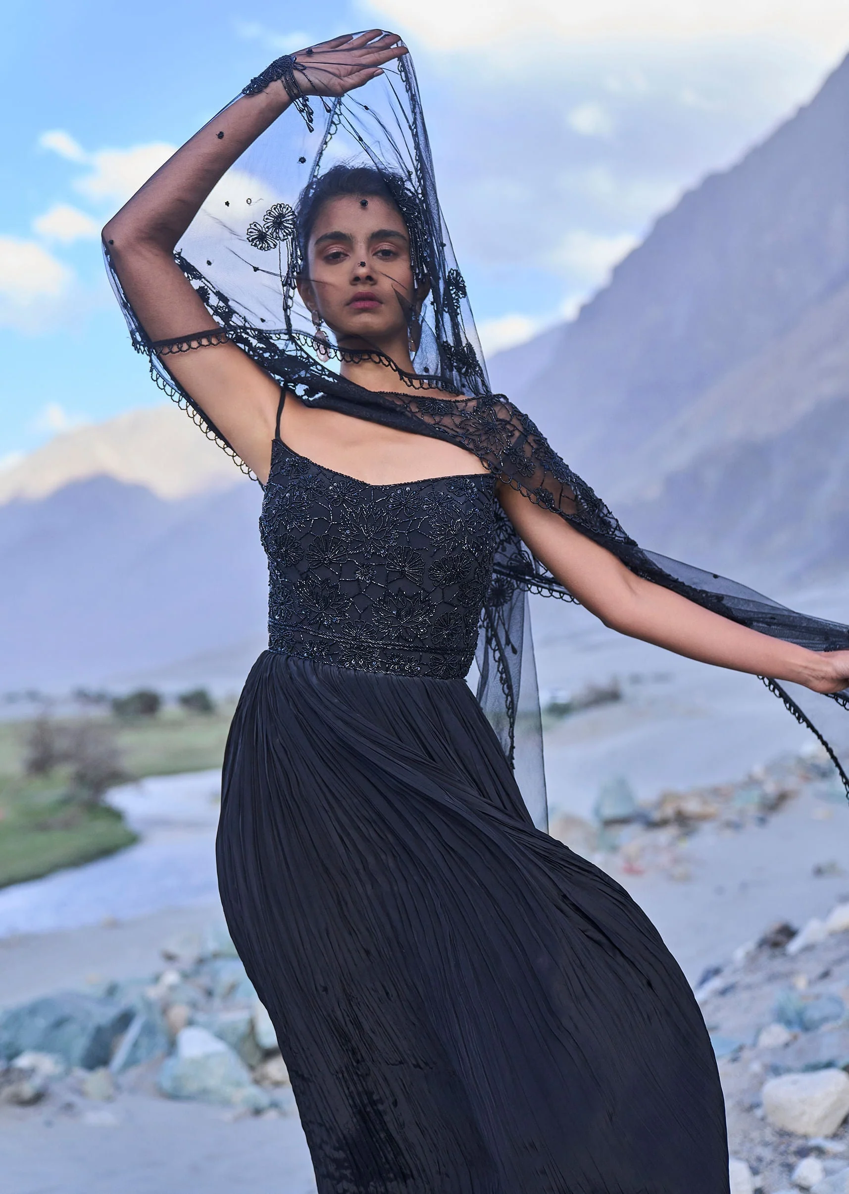 Black Embroidered Crepe Rushed Gown With Cape - Image 3