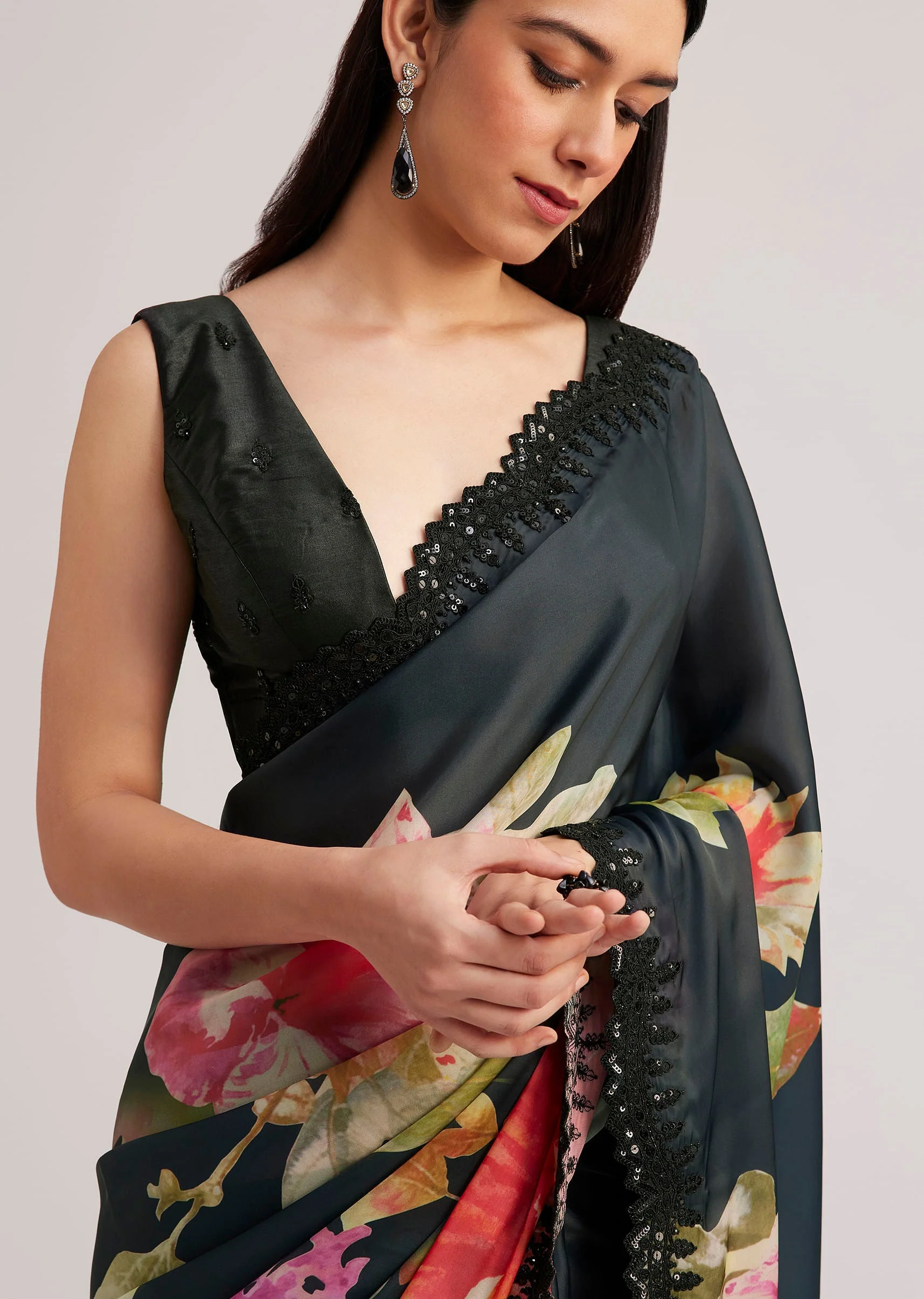 Black Floral Printed Satin Saree With Sequins Lace Border - Image 3