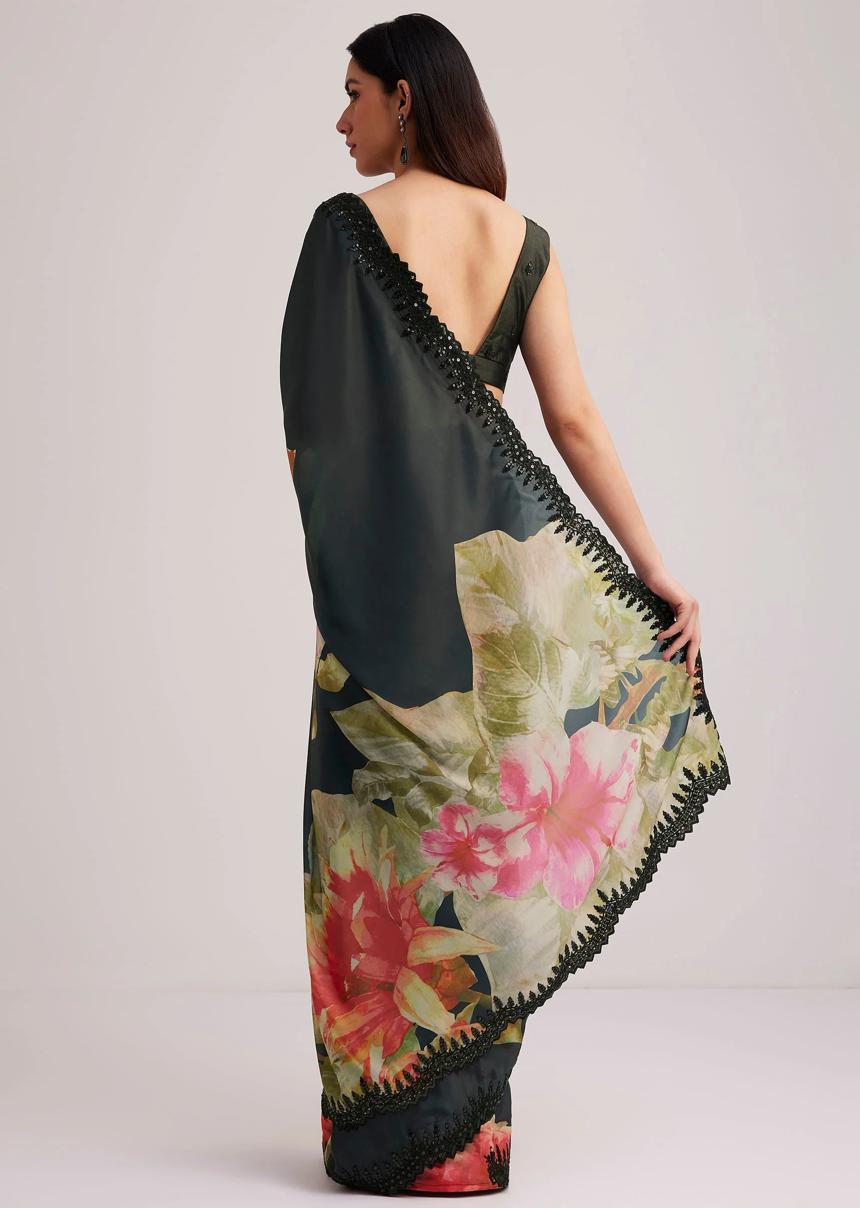 Black Floral Printed Satin Saree With Sequins Lace Border - Image 4