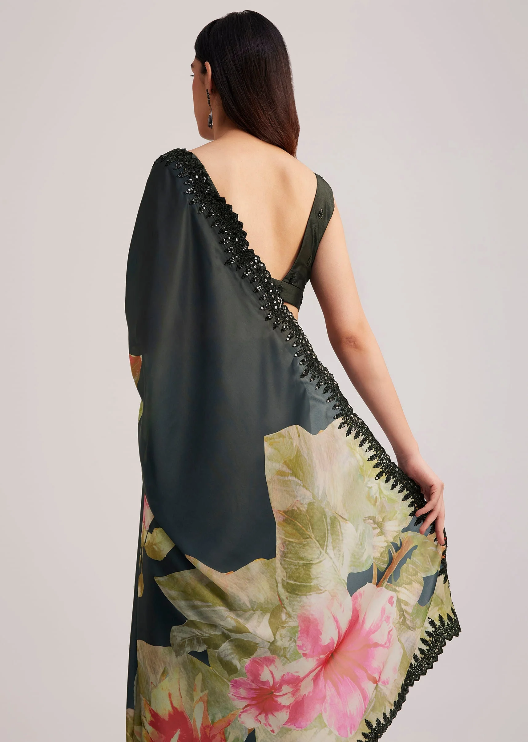 Black Floral Printed Satin Saree With Sequins Lace Border - Image 6