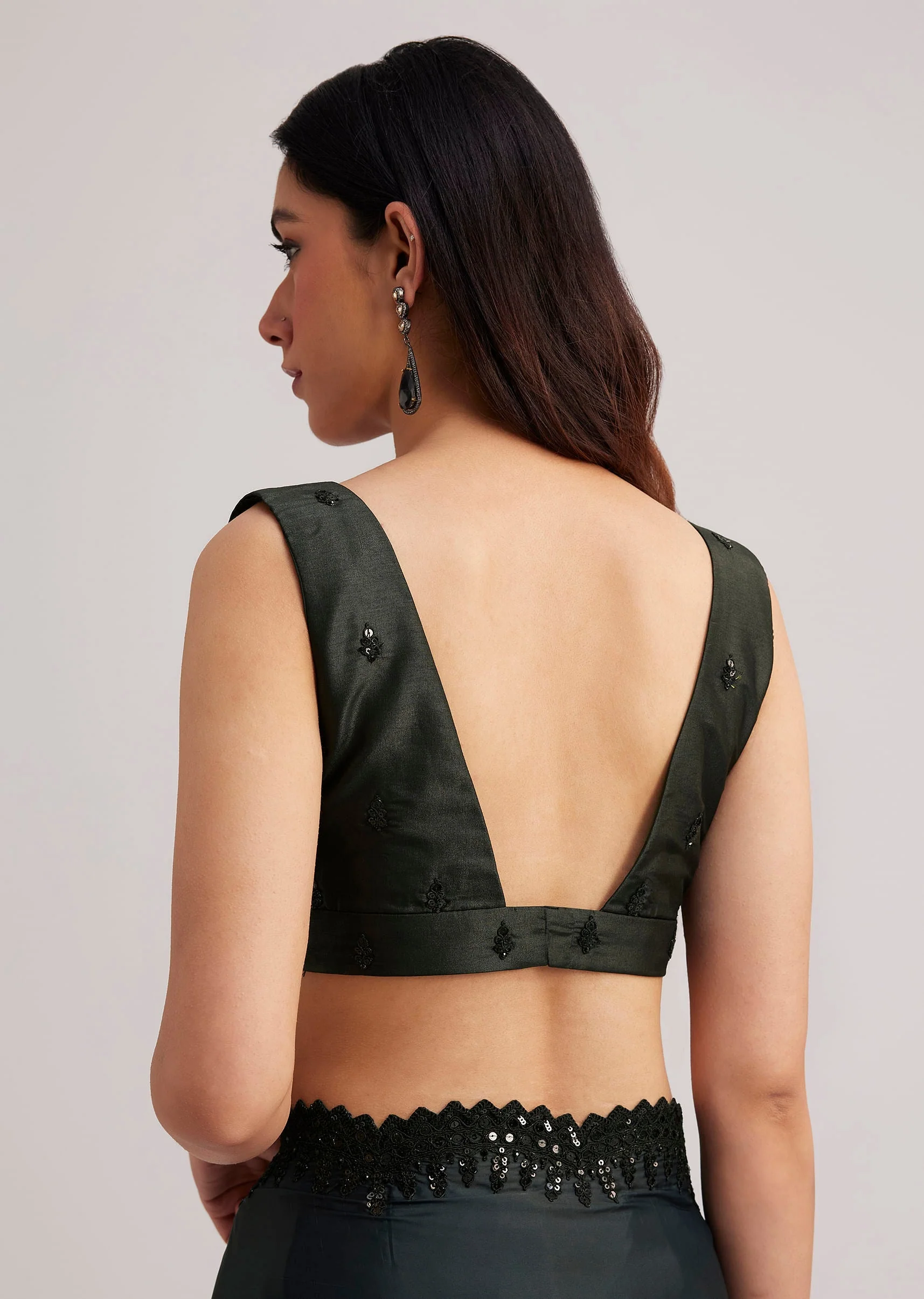 Black Floral Printed Satin Saree With Sequins Lace Border - Image 8