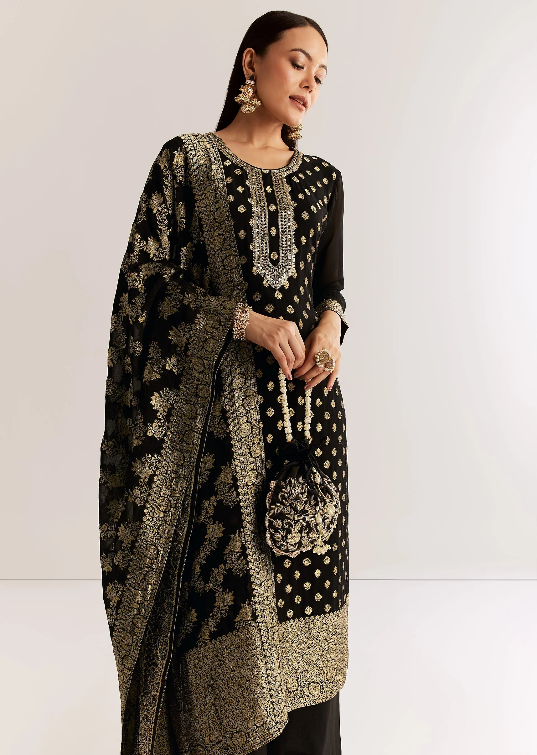Black Georgette Banarasi Kurta Set With Mirror And Cutdana Neckline - Image 4
