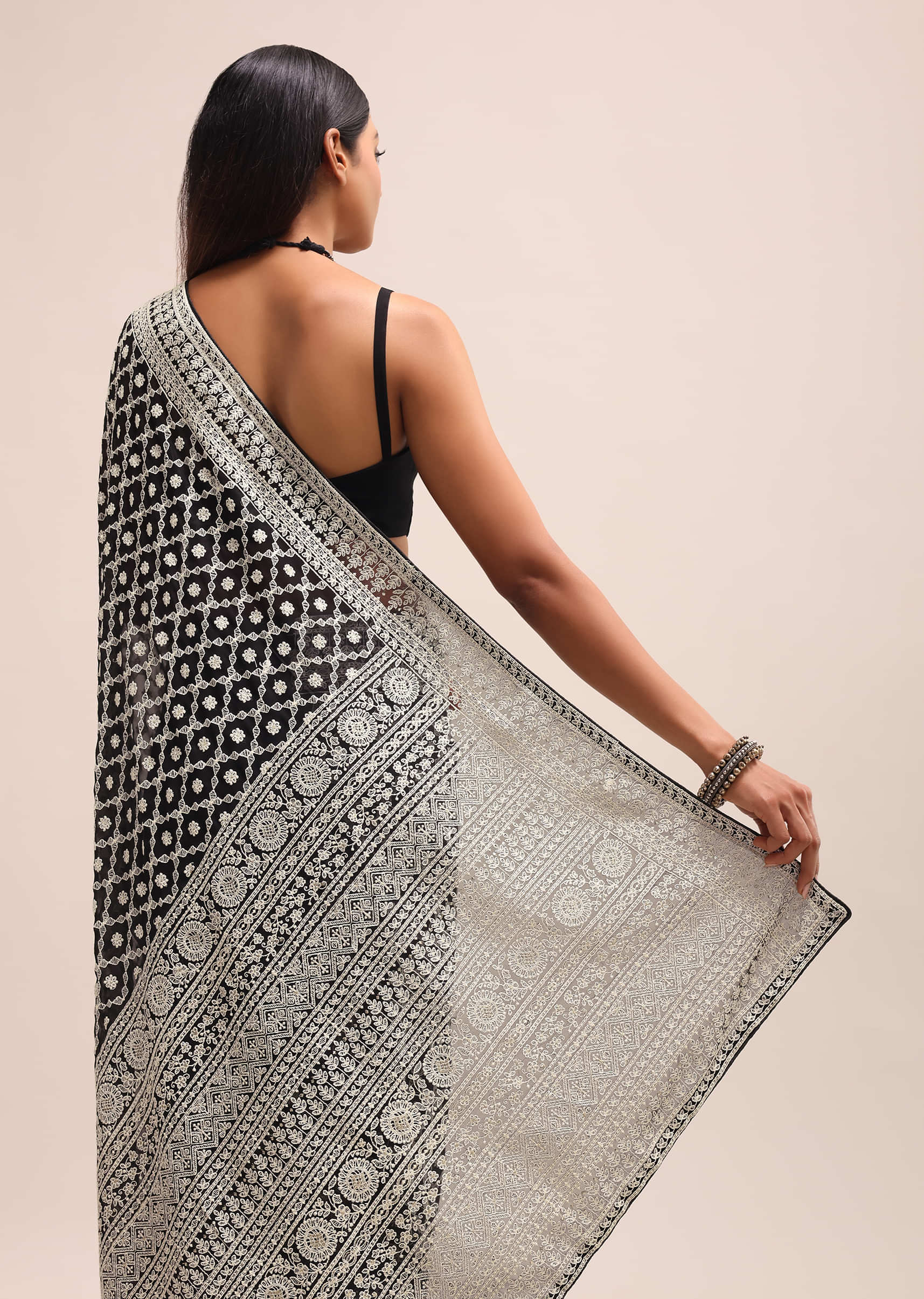 Black Georgette Chikankari Saree With Unstitiched Blouse - Image 6