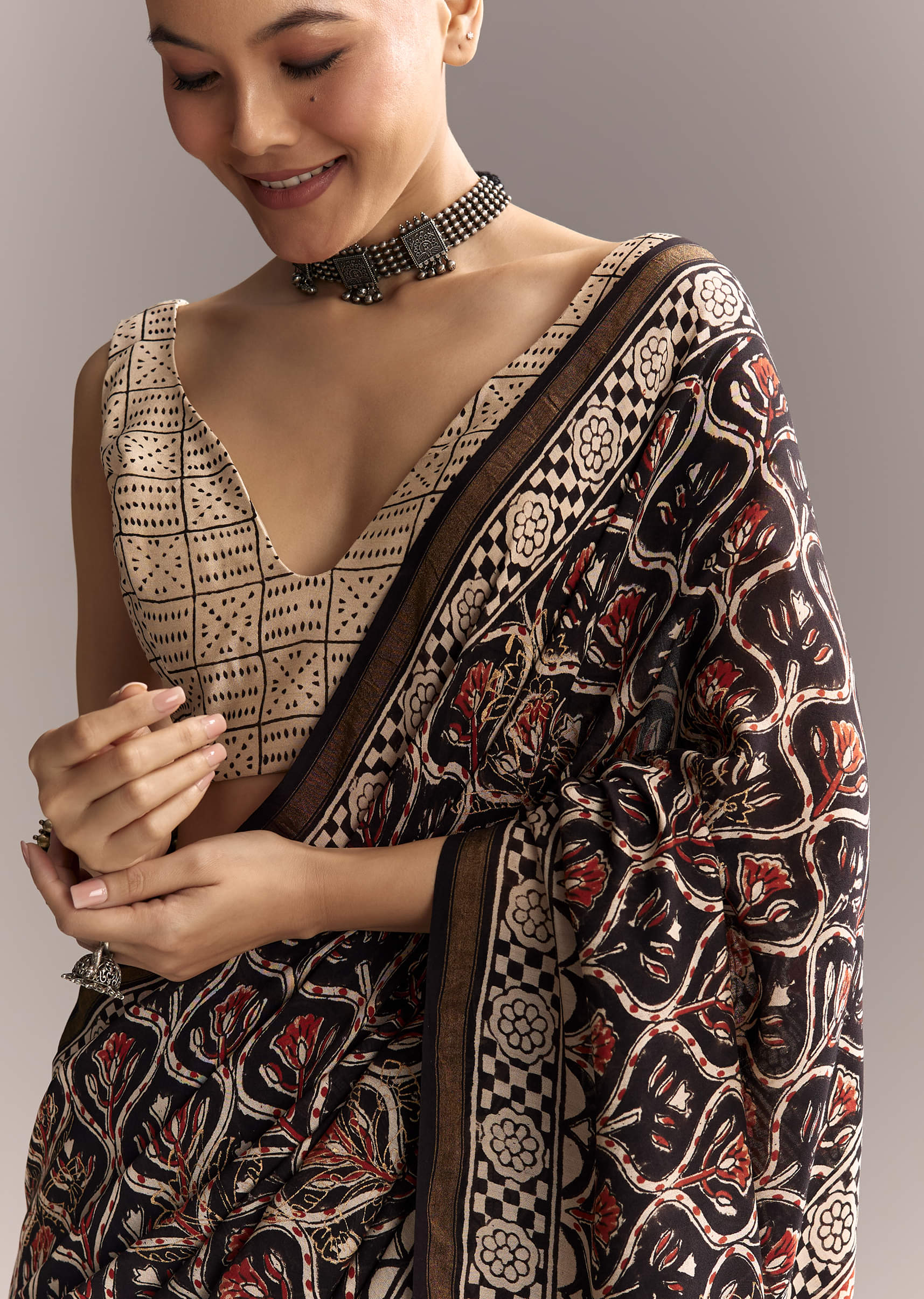 Black Linen Saree With Authentic Ajrakh Print And Maroon Border - Image 2