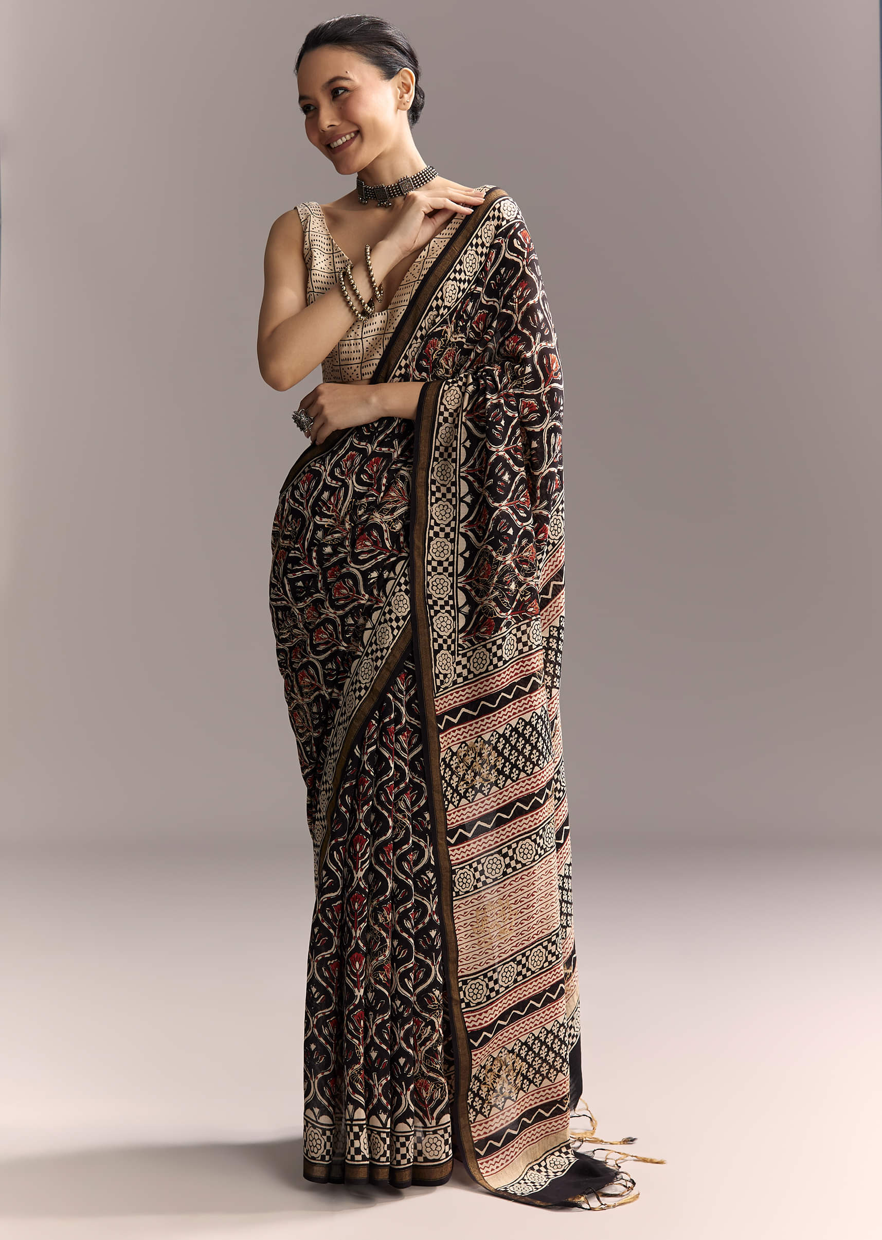 Black Linen Saree With Authentic Ajrakh Print And Maroon Border - Image 3