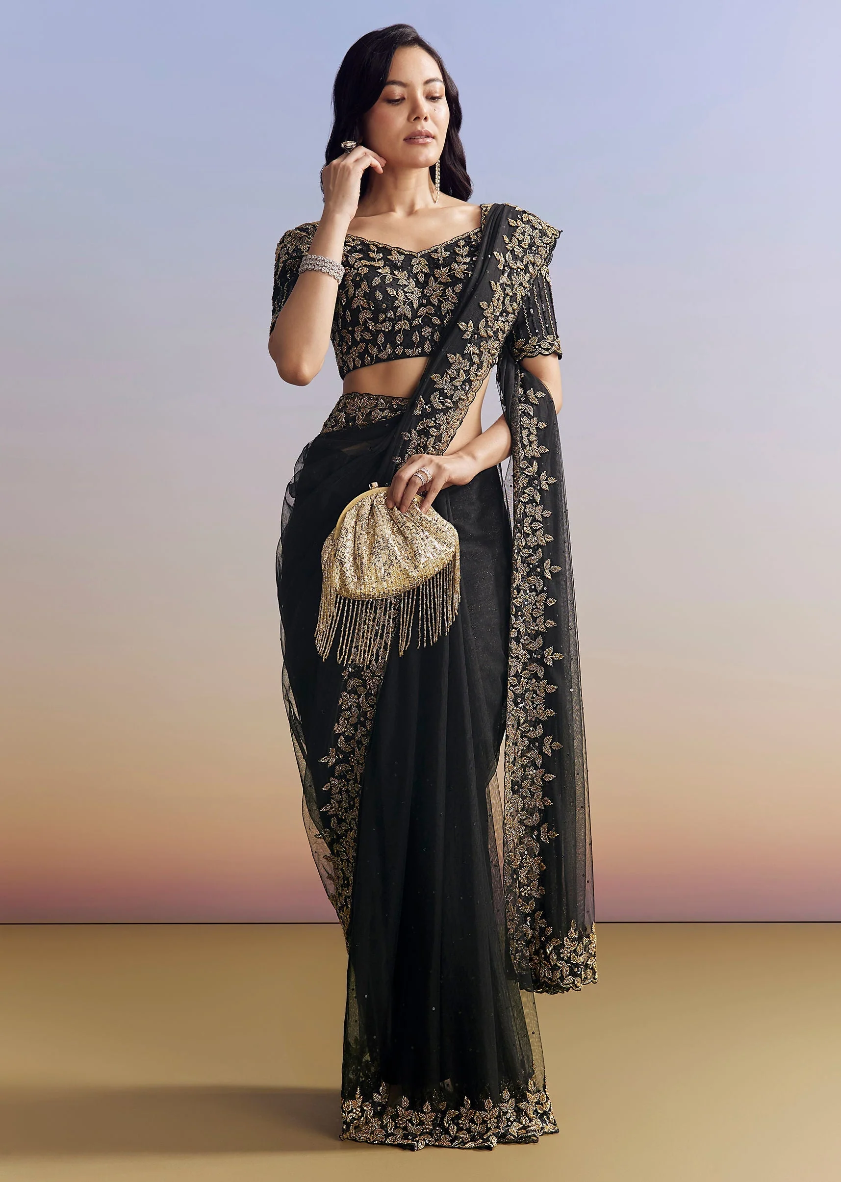 Black Net Saree With Embroidered Border