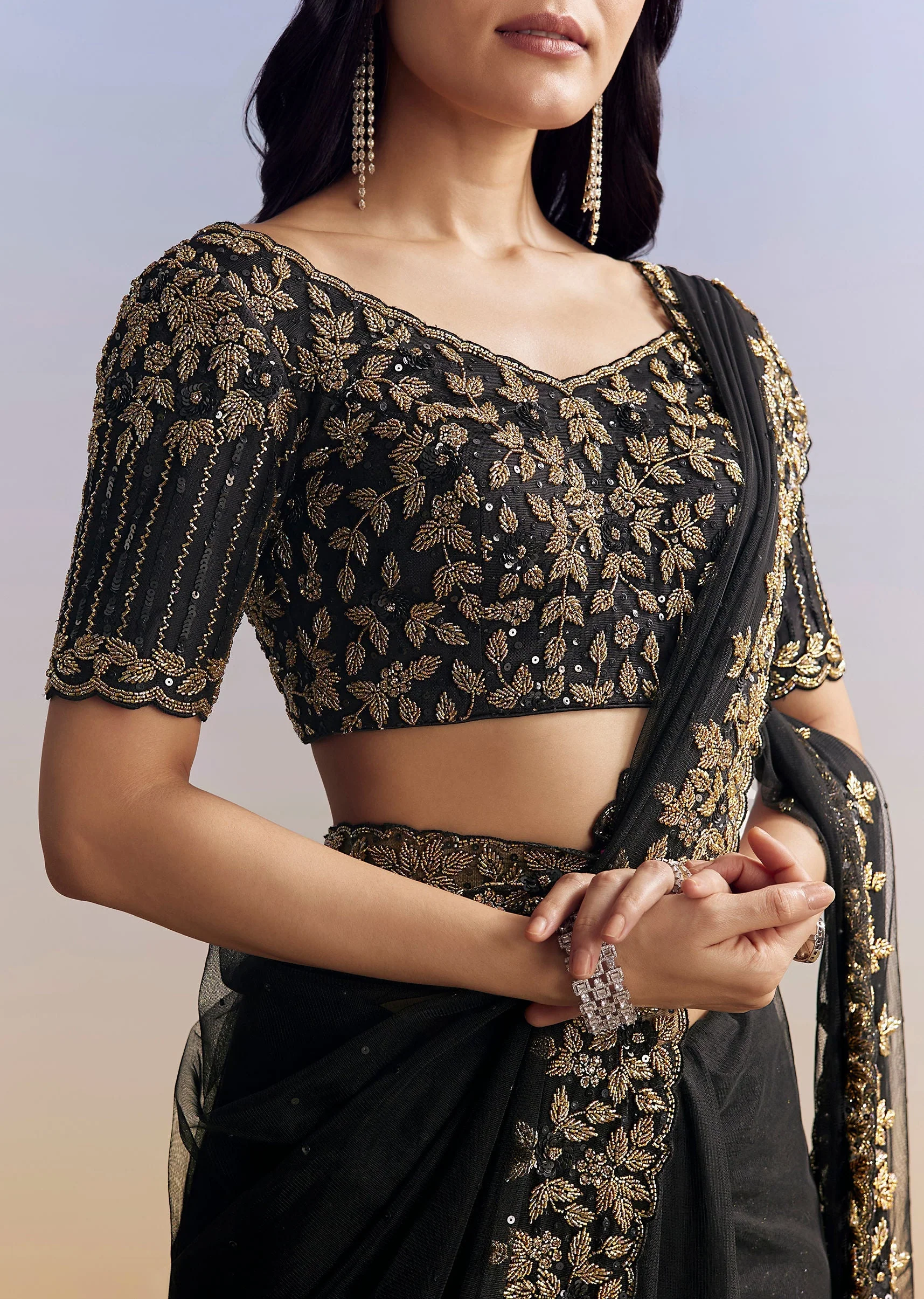 Black Net Saree With Embroidered Border - Image 2