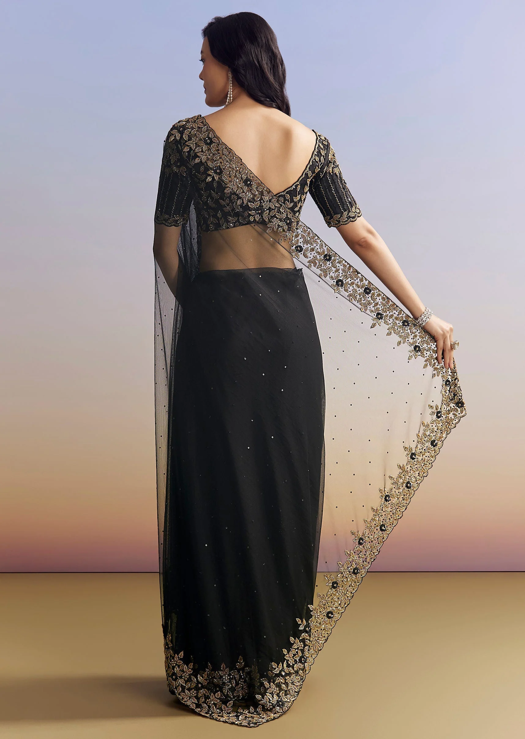 Black Net Saree With Embroidered Border - Image 4