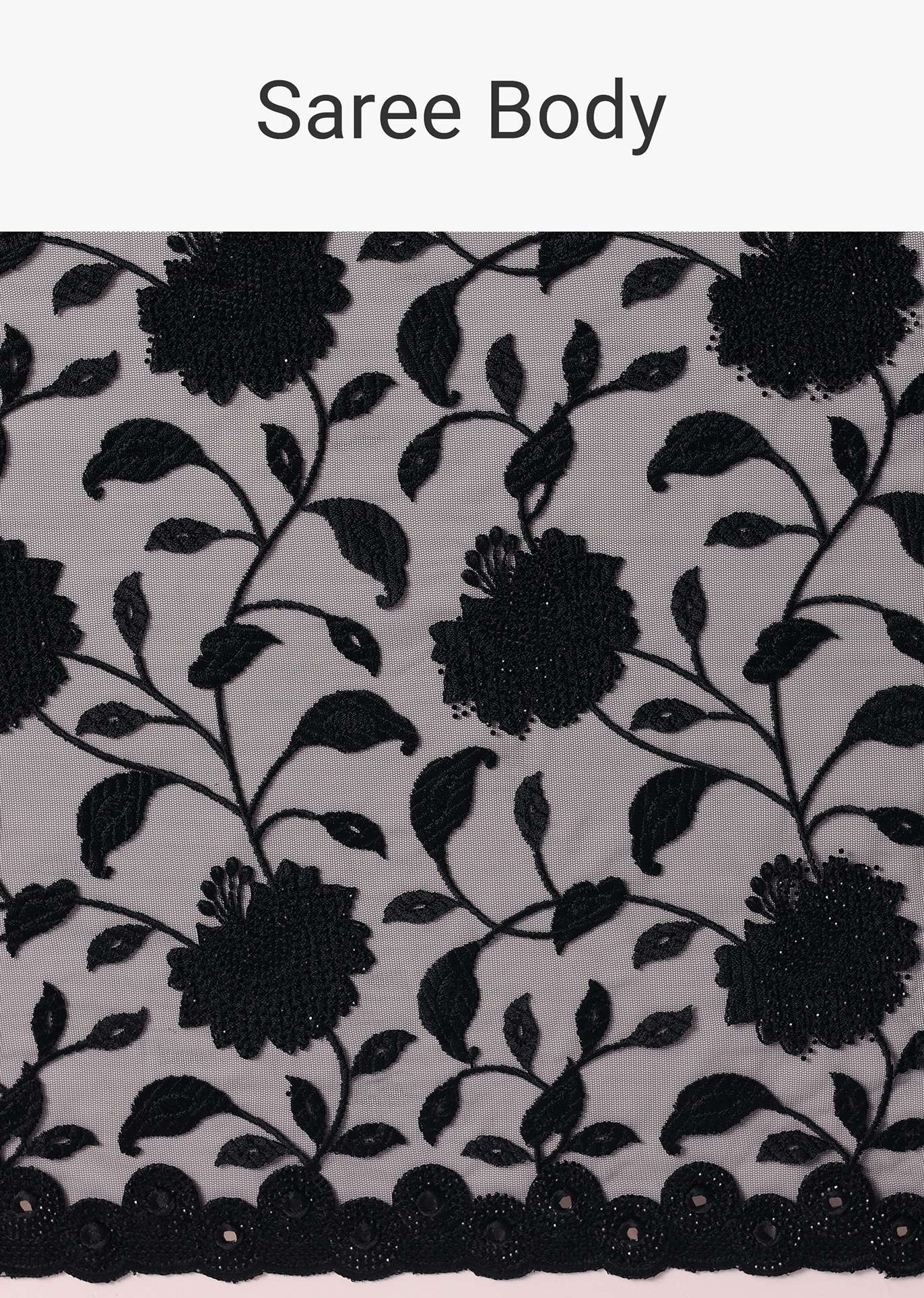 Black Net Saree With Floral Threadwork And Unstitched Blouse Piece - Image 16