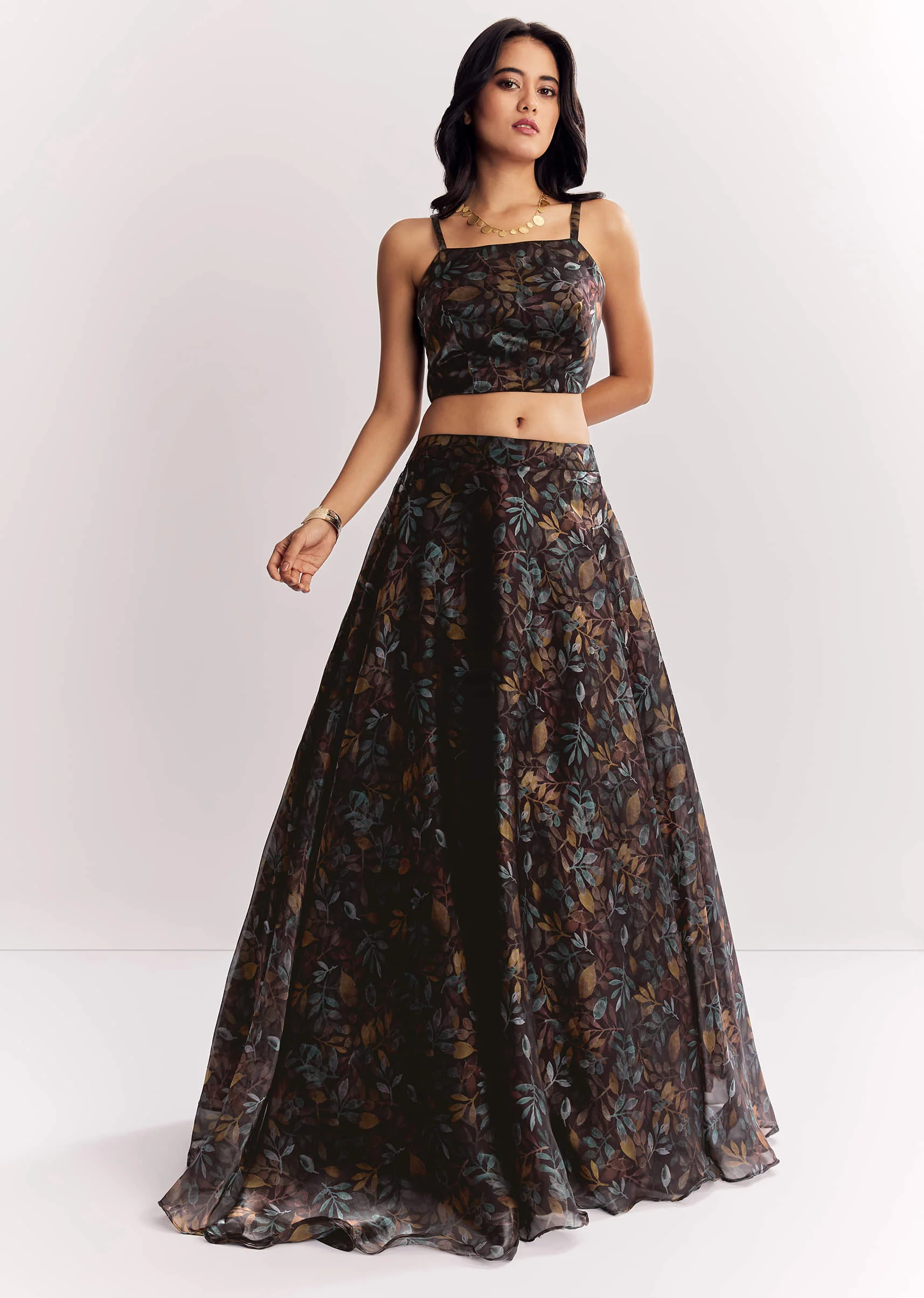 Black Printed Lehenga Choli With Mirror Work Jacket In Organza Tissue - Image 7