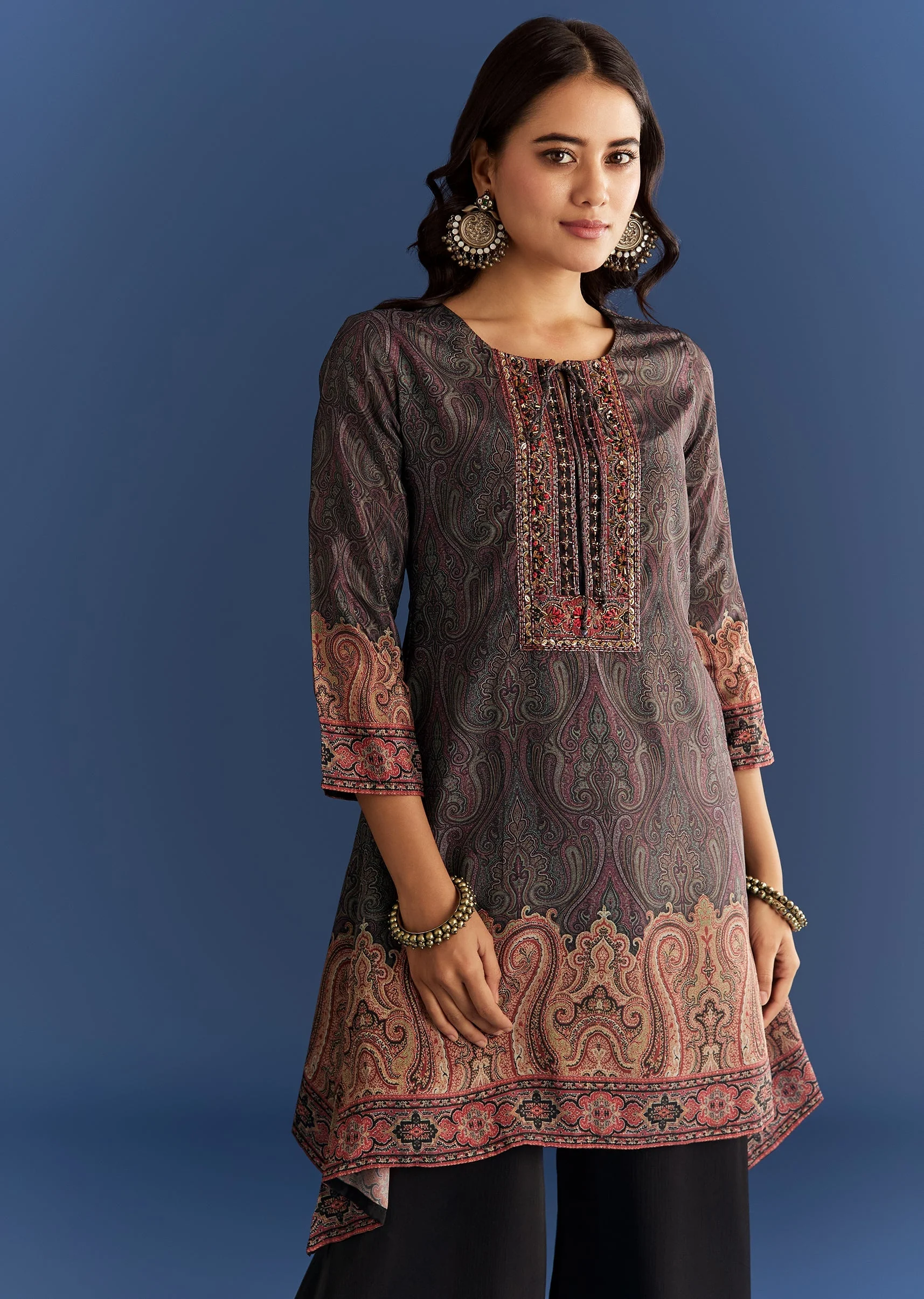 Black Satin Paisley Print Kurta Sharara With Cut Dana Embroidery - Image 5