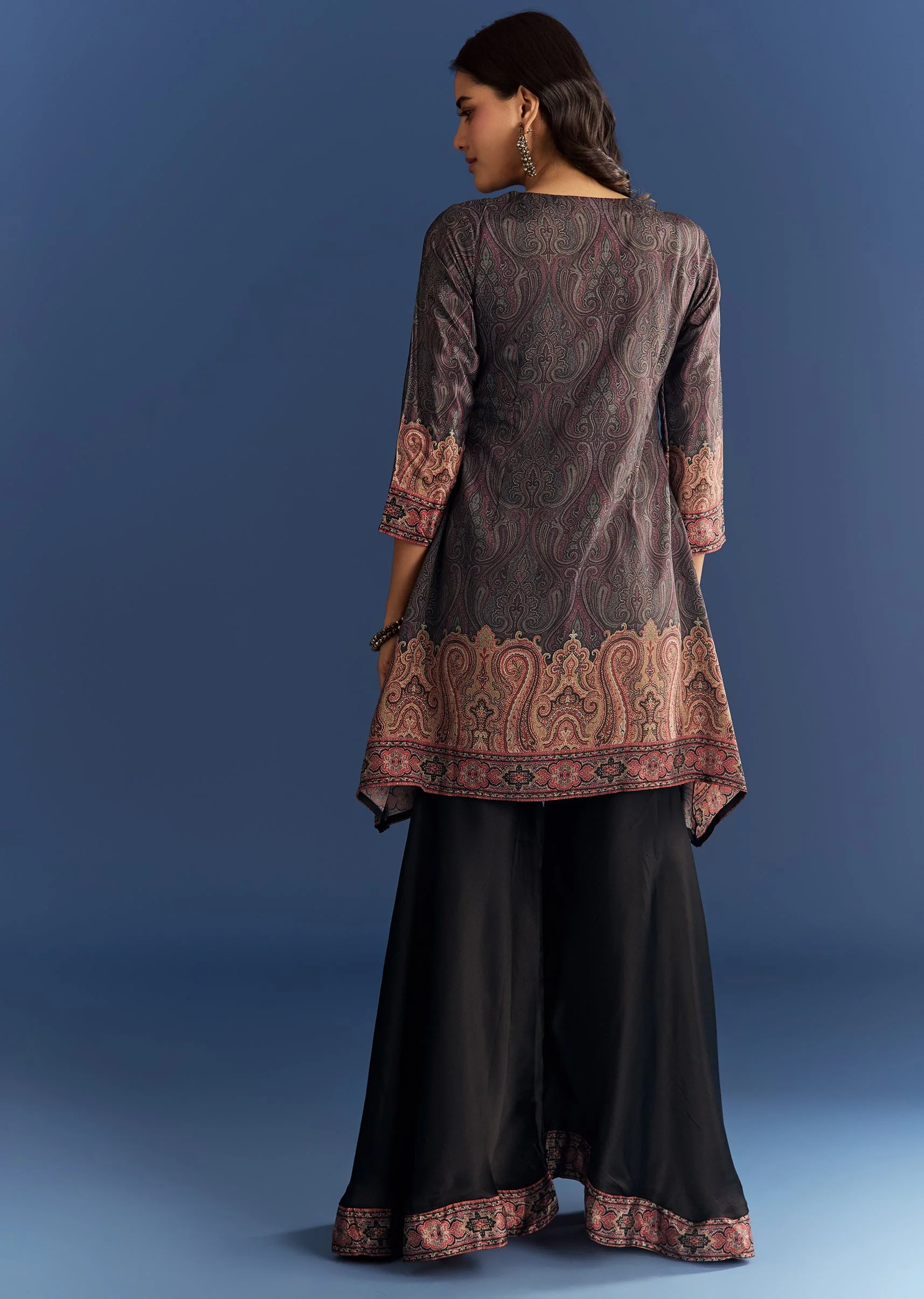 Black Satin Paisley Print Kurta Sharara With Cut Dana Embroidery - Image 6