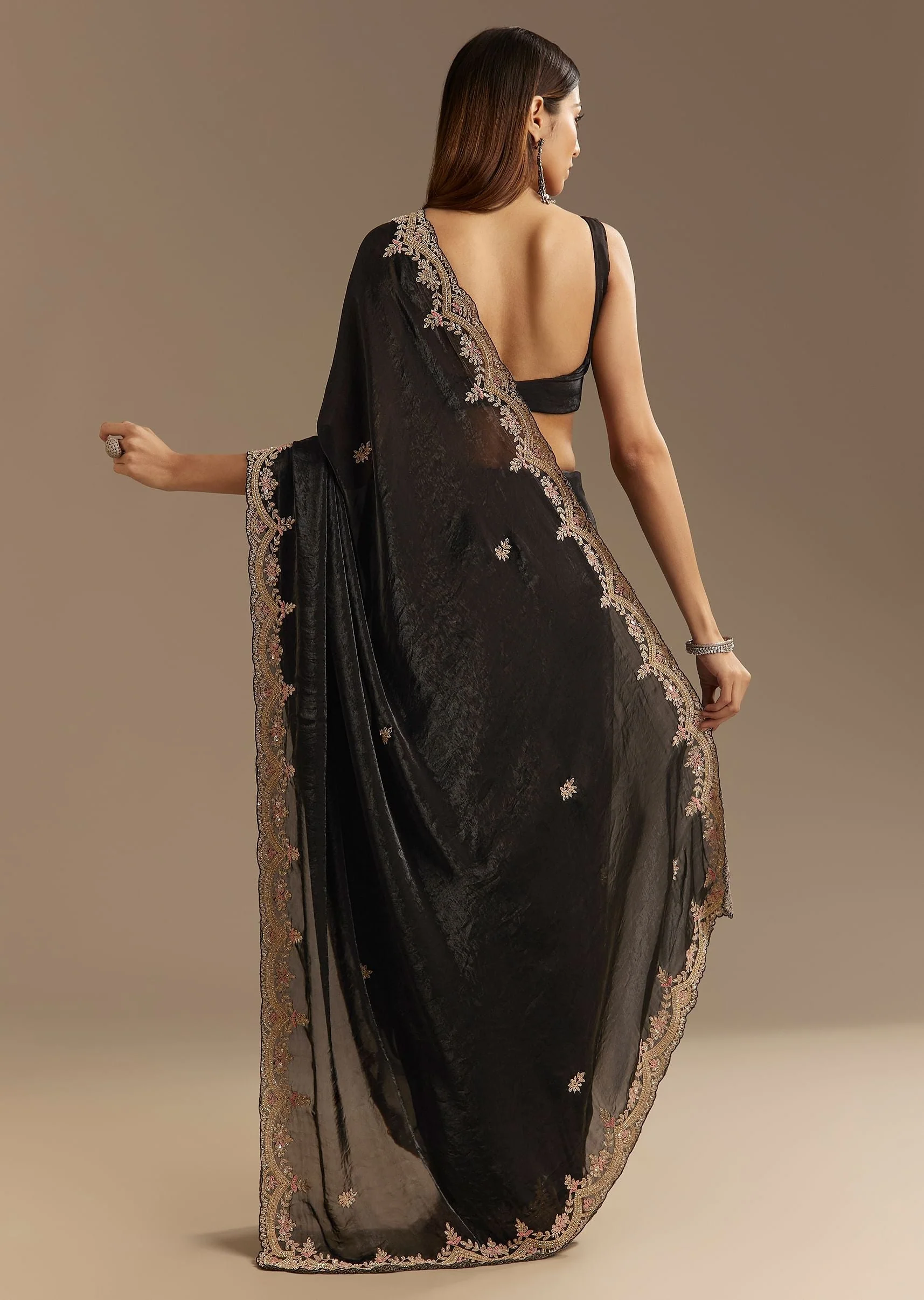 Black Satin Saree With Zardosi Sequins And Scallop Border - Image 6