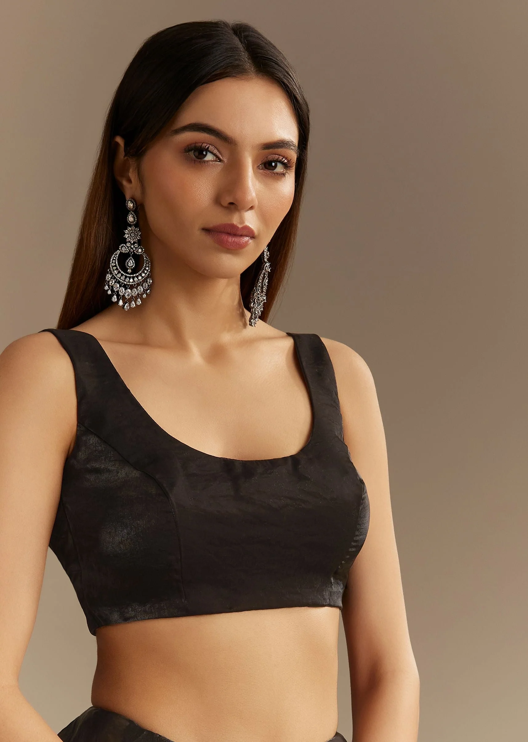 Black Satin Saree With Zardosi Sequins And Scallop Border - Image 7