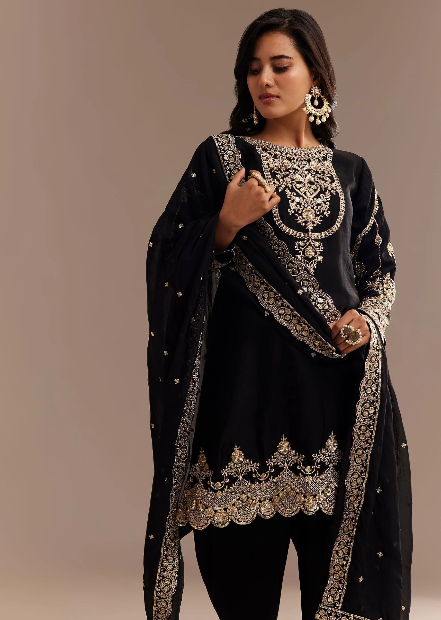 Black Satin Zari Embroidered Dhoti Kurta Set - Image 4