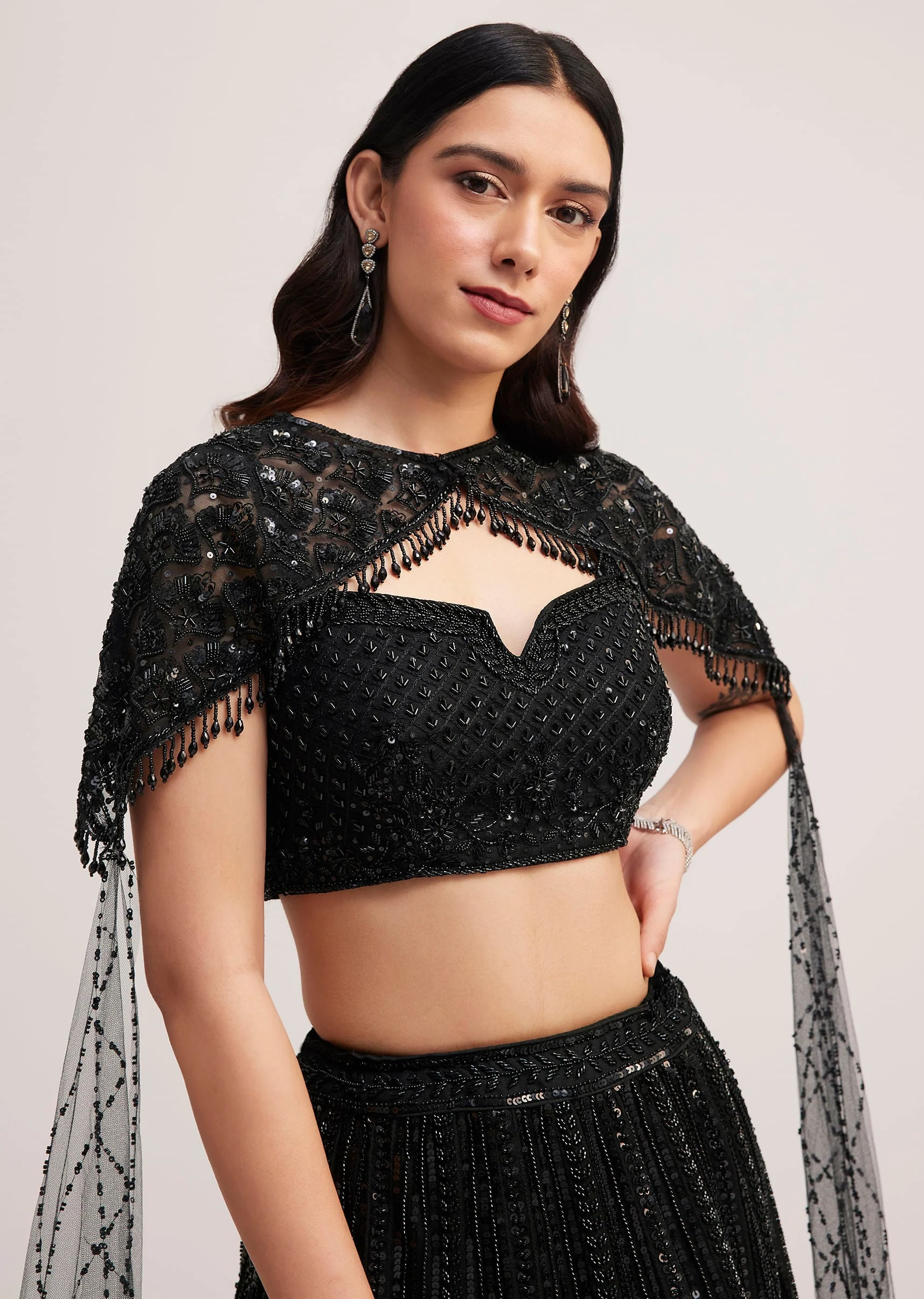 Black Sequin Embellished Lehenga Choli Set With Cape - Image 4