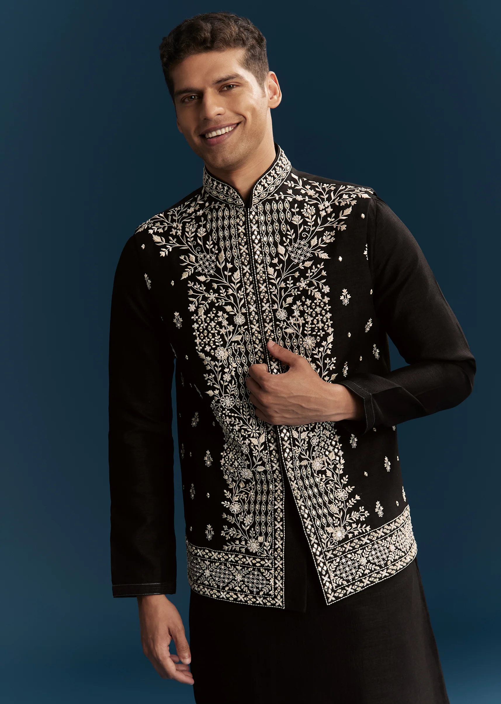 Black Silk Kurta Jacket Set For Men With Heavy Embroidery - Image 4