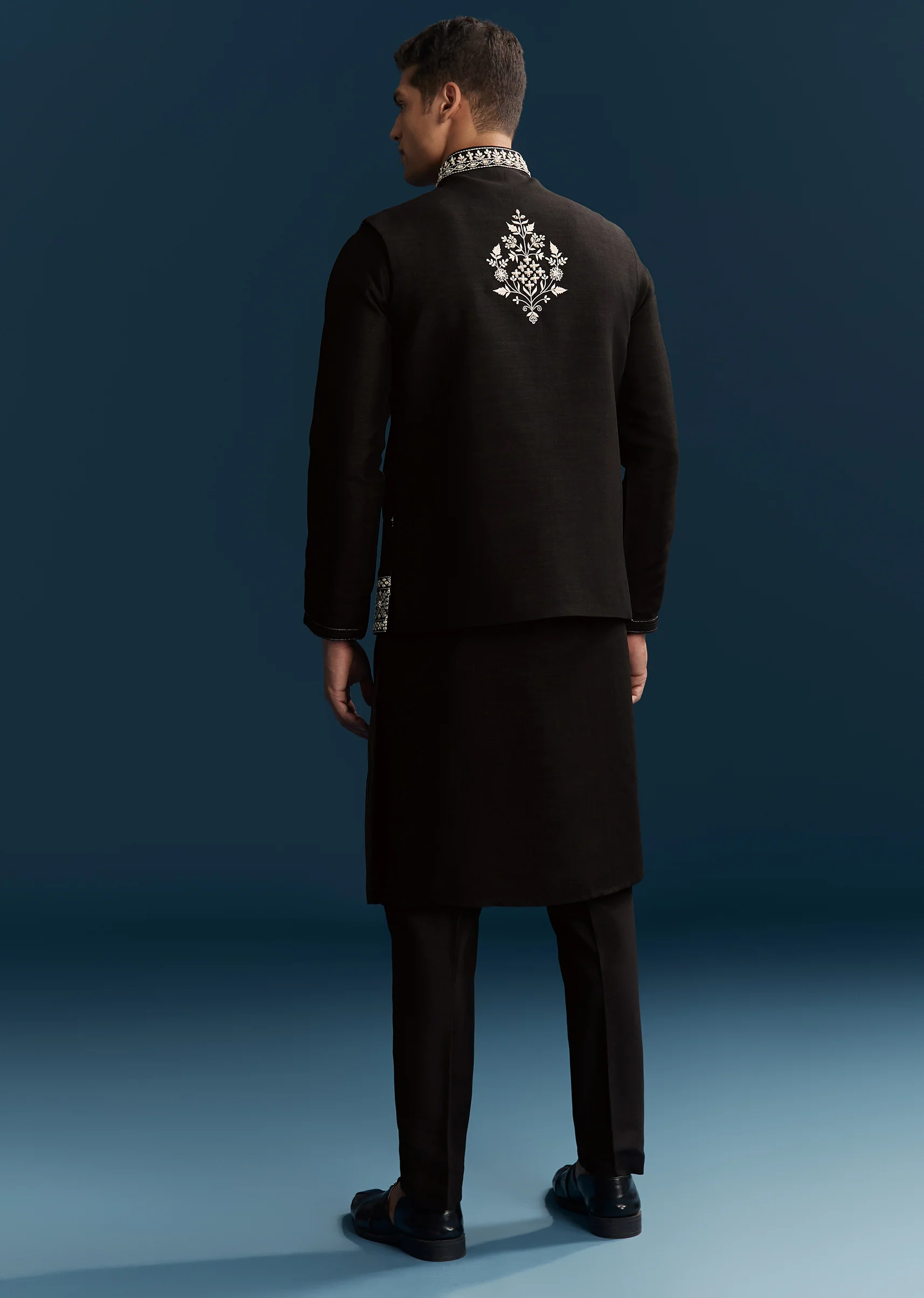 Black Silk Kurta Jacket Set For Men With Heavy Embroidery - Image 5