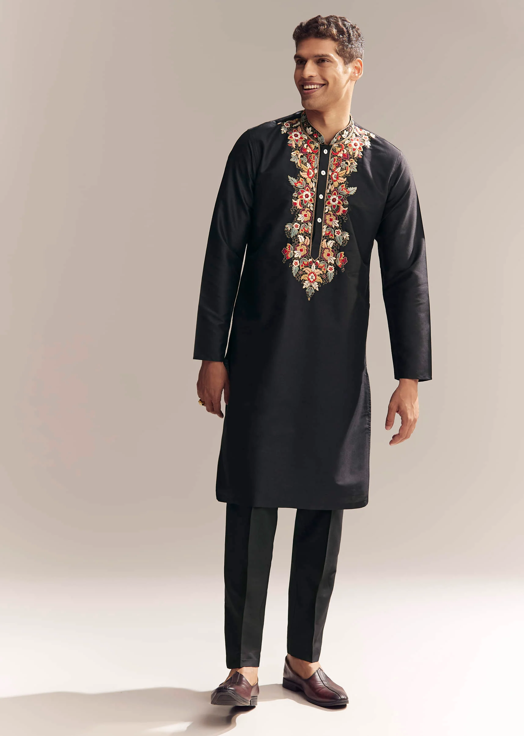 Black Silk Kurta Set For Men With Multi Colour Resham Embroidery - Image 3