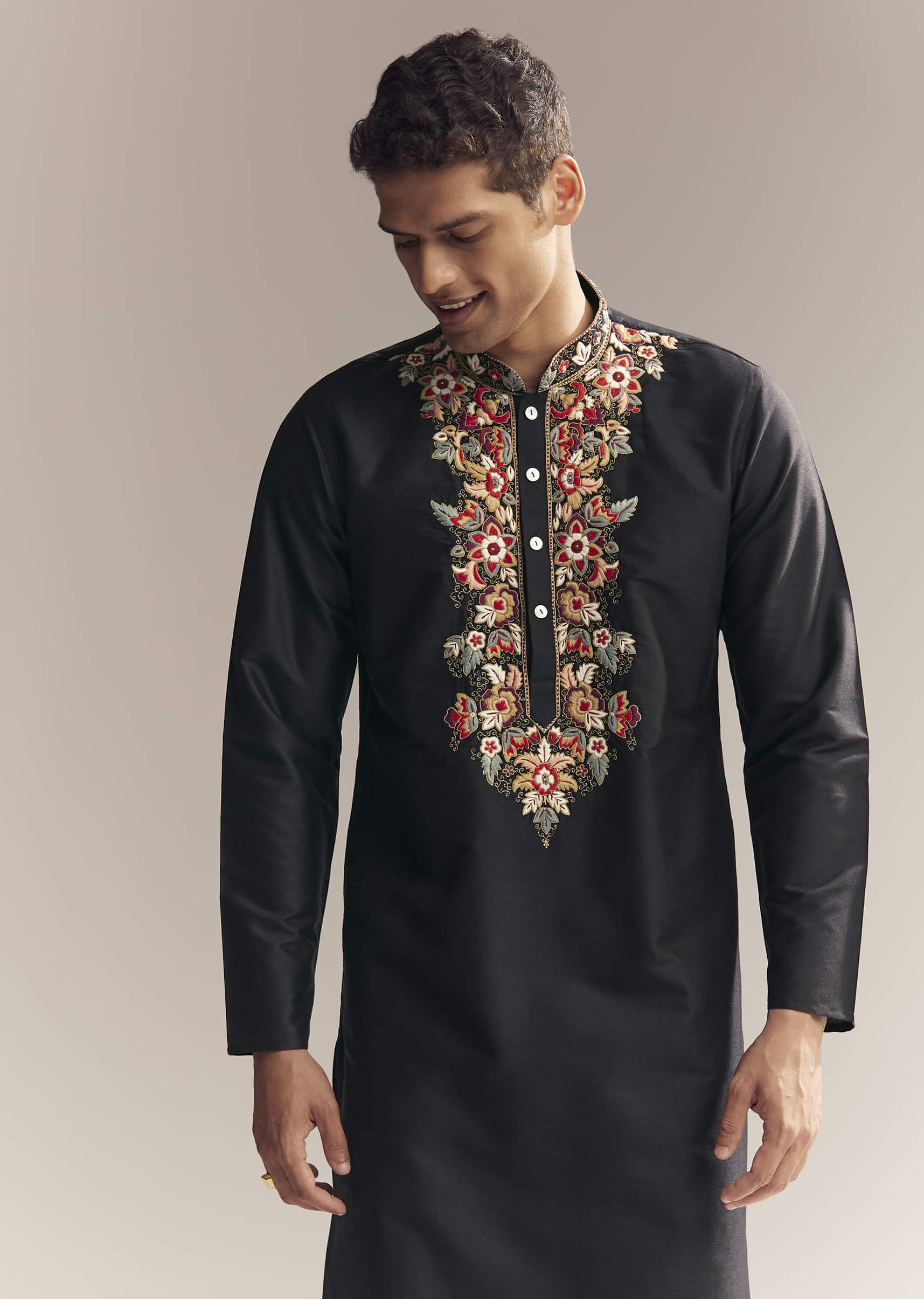 Black Silk Kurta Set For Men With Multi Colour Resham Embroidery - Image 4