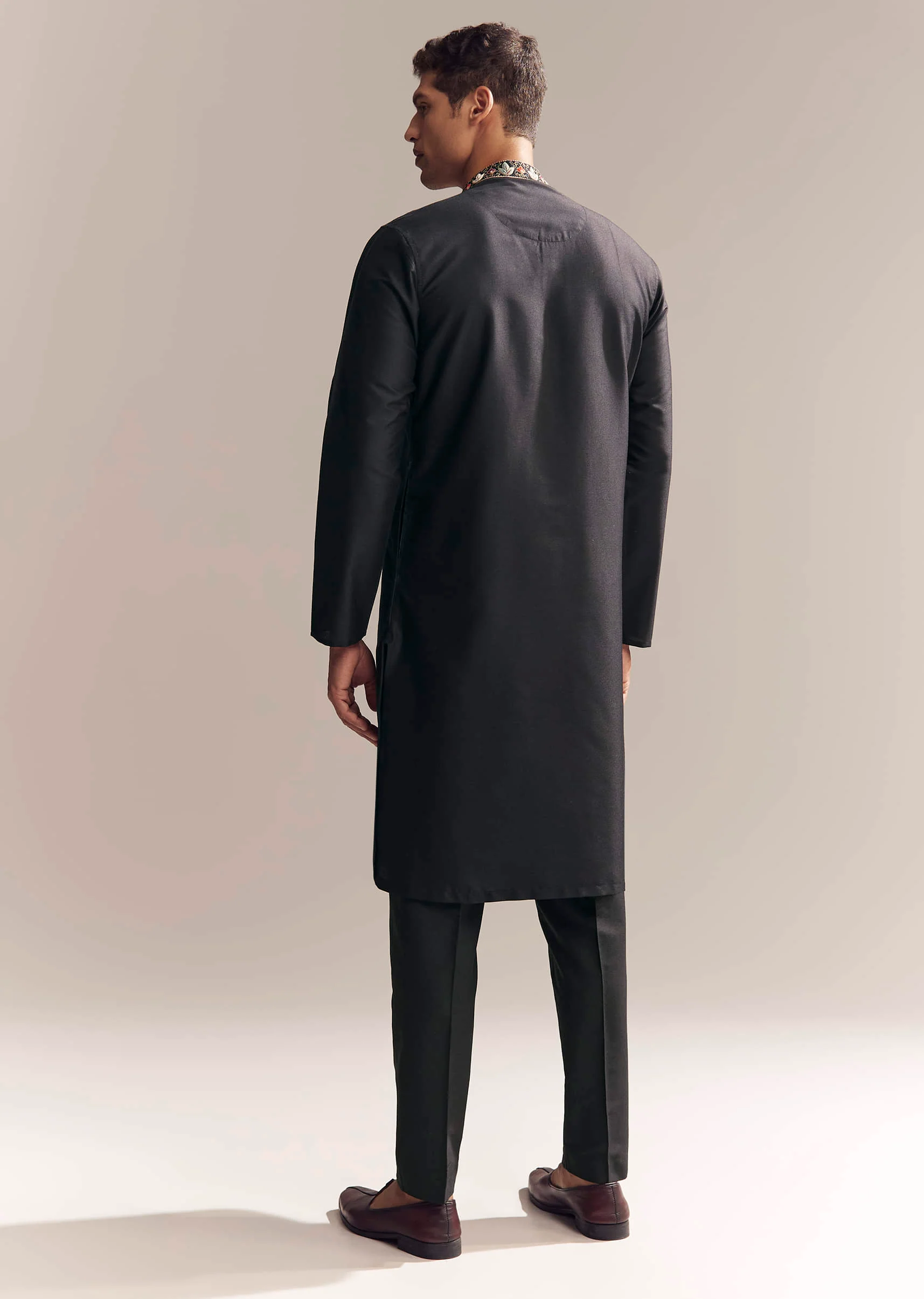 Black Silk Kurta Set For Men With Multi Colour Resham Embroidery - Image 5