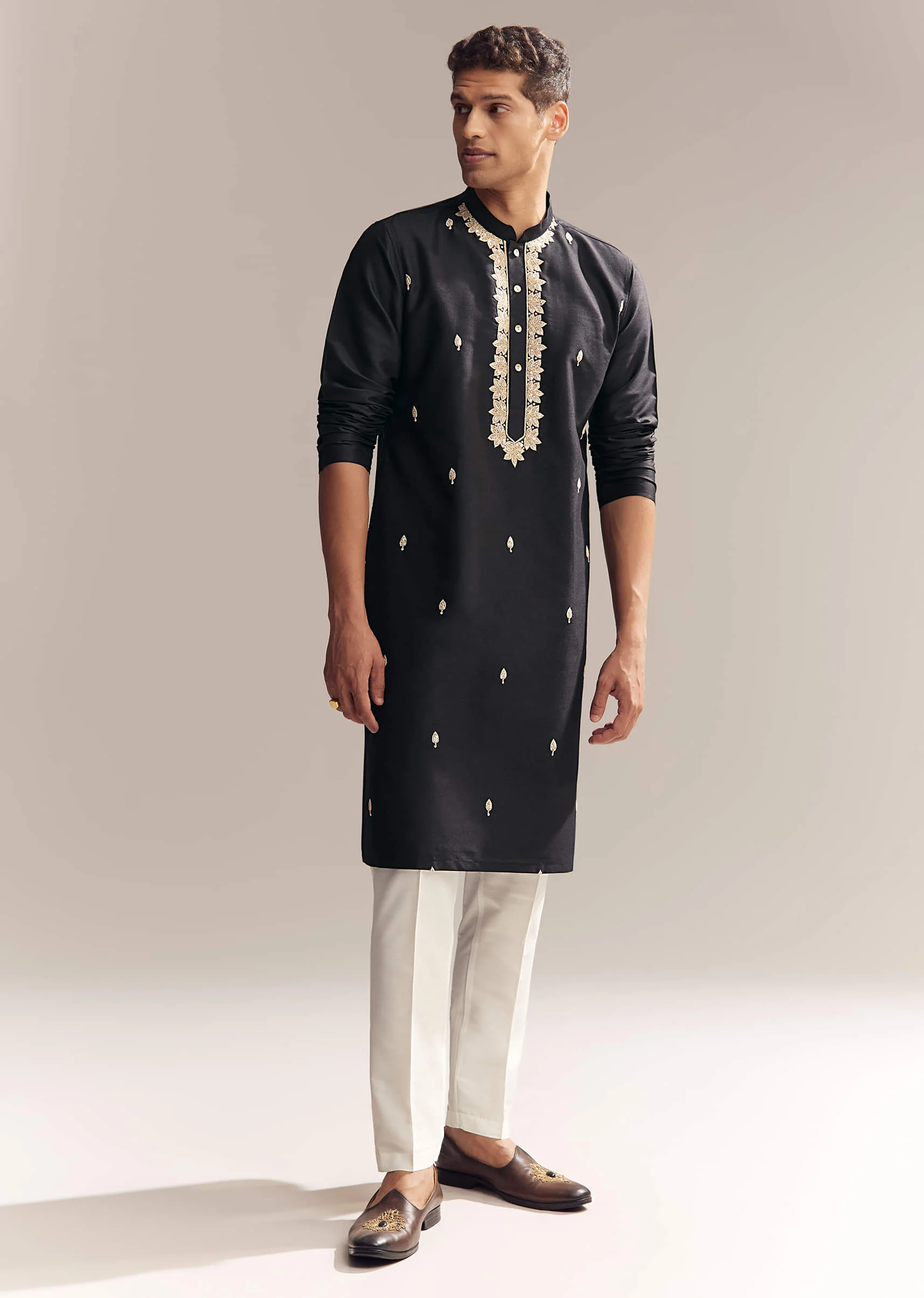 Black Silk Kurta Set For Men With Zardosi And Aari Work - Image 3