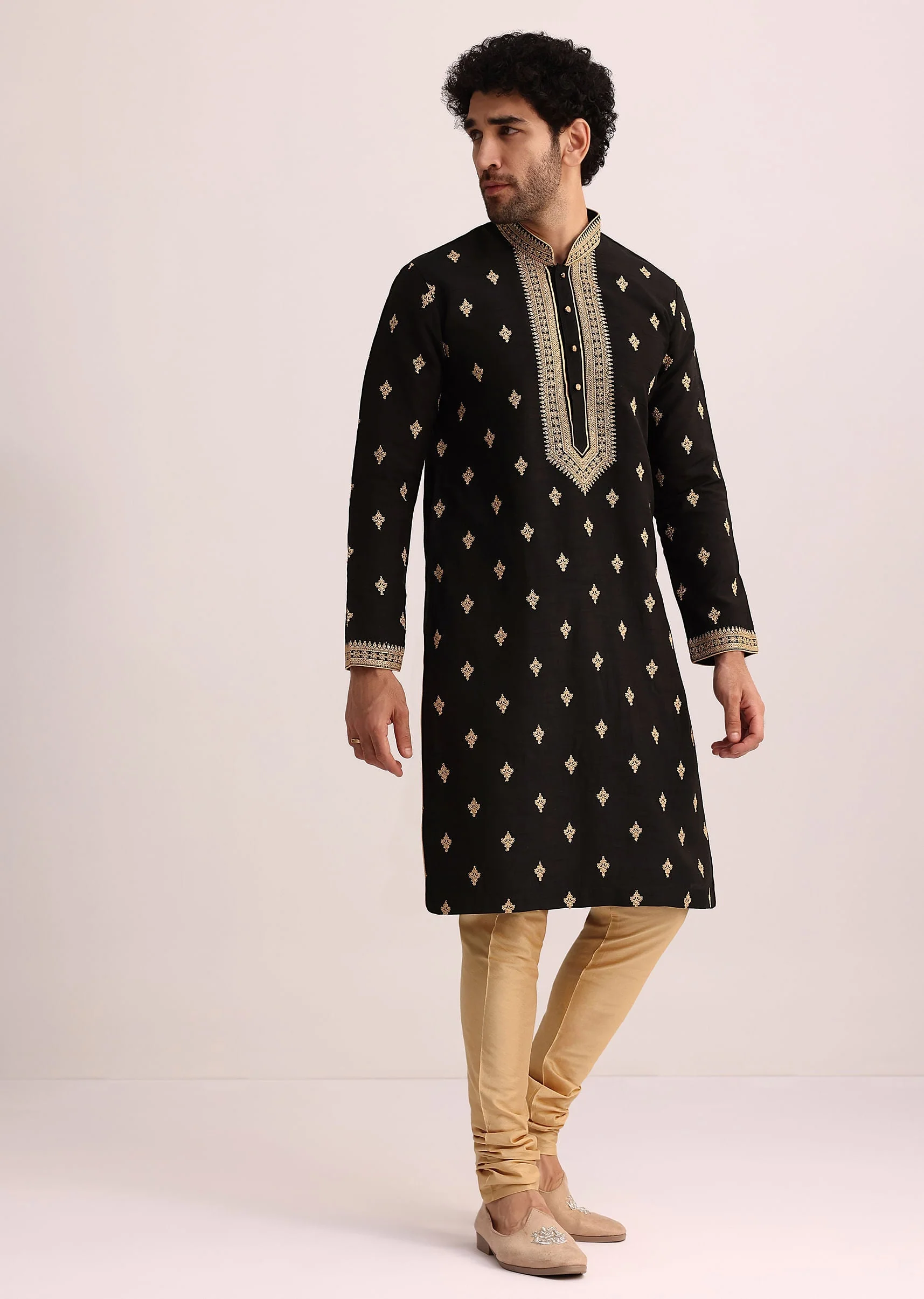 Black Tussar Silk Kurta Set With Thread Work - Image 3